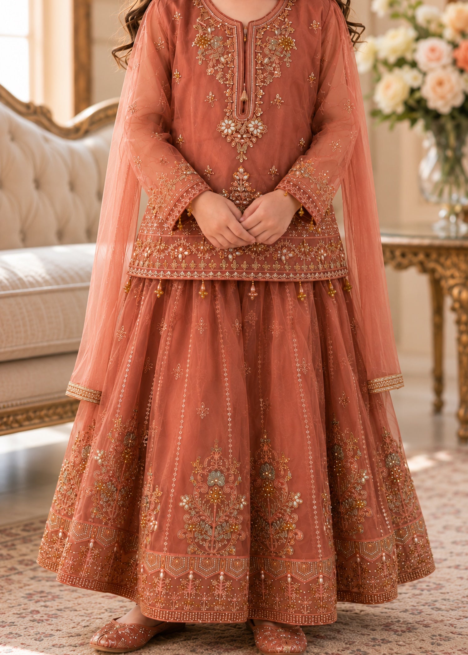 organza Lehenga in Coral pink