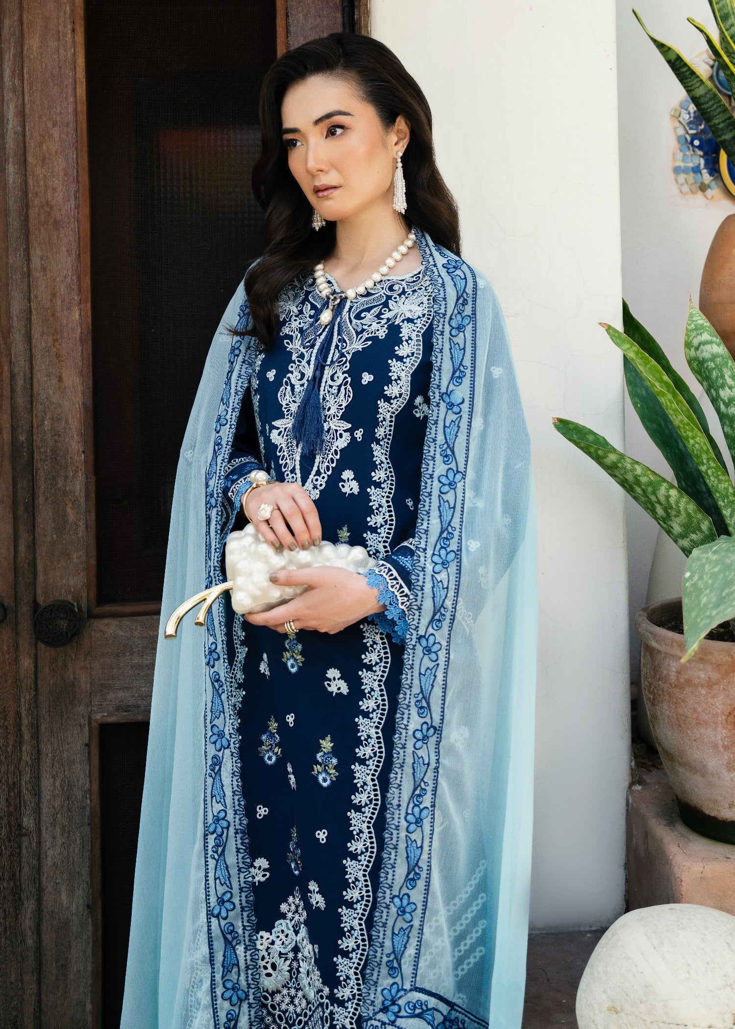 lawn Kurta Set in Powder blue, navy blue