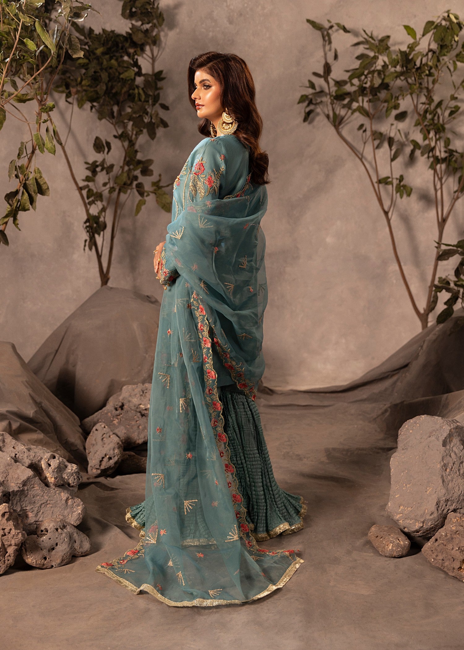 organza Gharara in Aquamarine