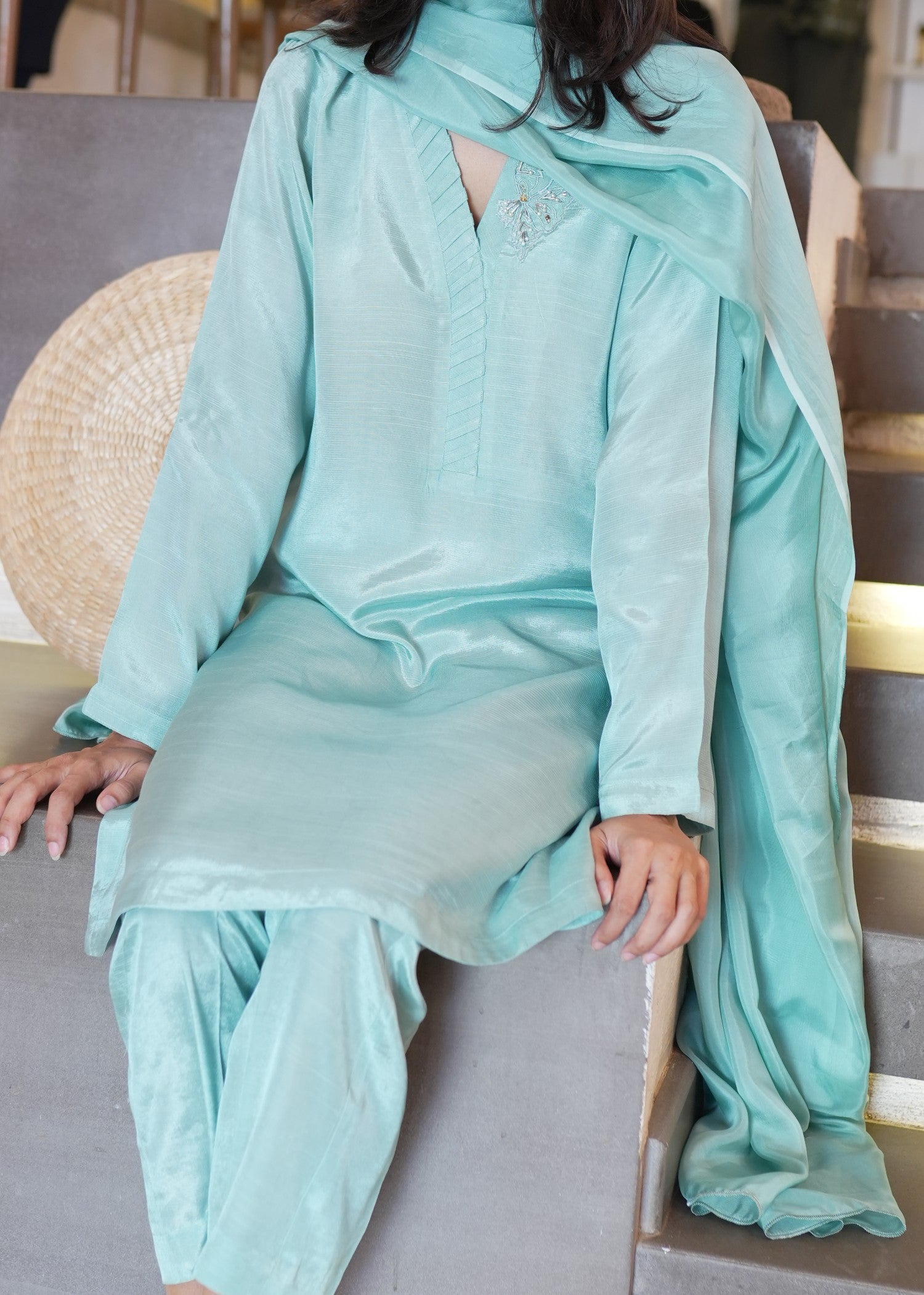 raw silk Kurta Set in Ice blue