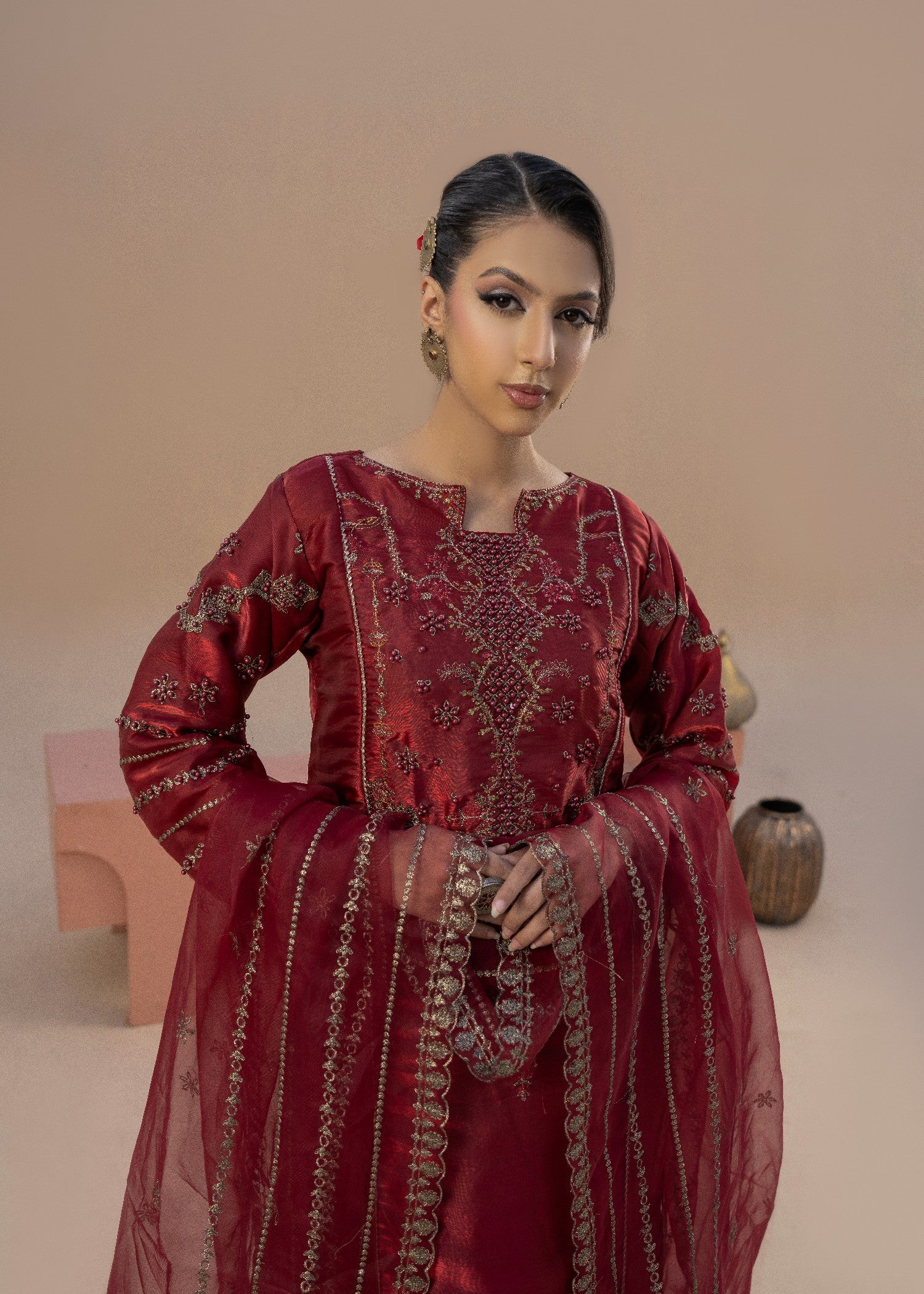 silk Kurta Set in Brick red