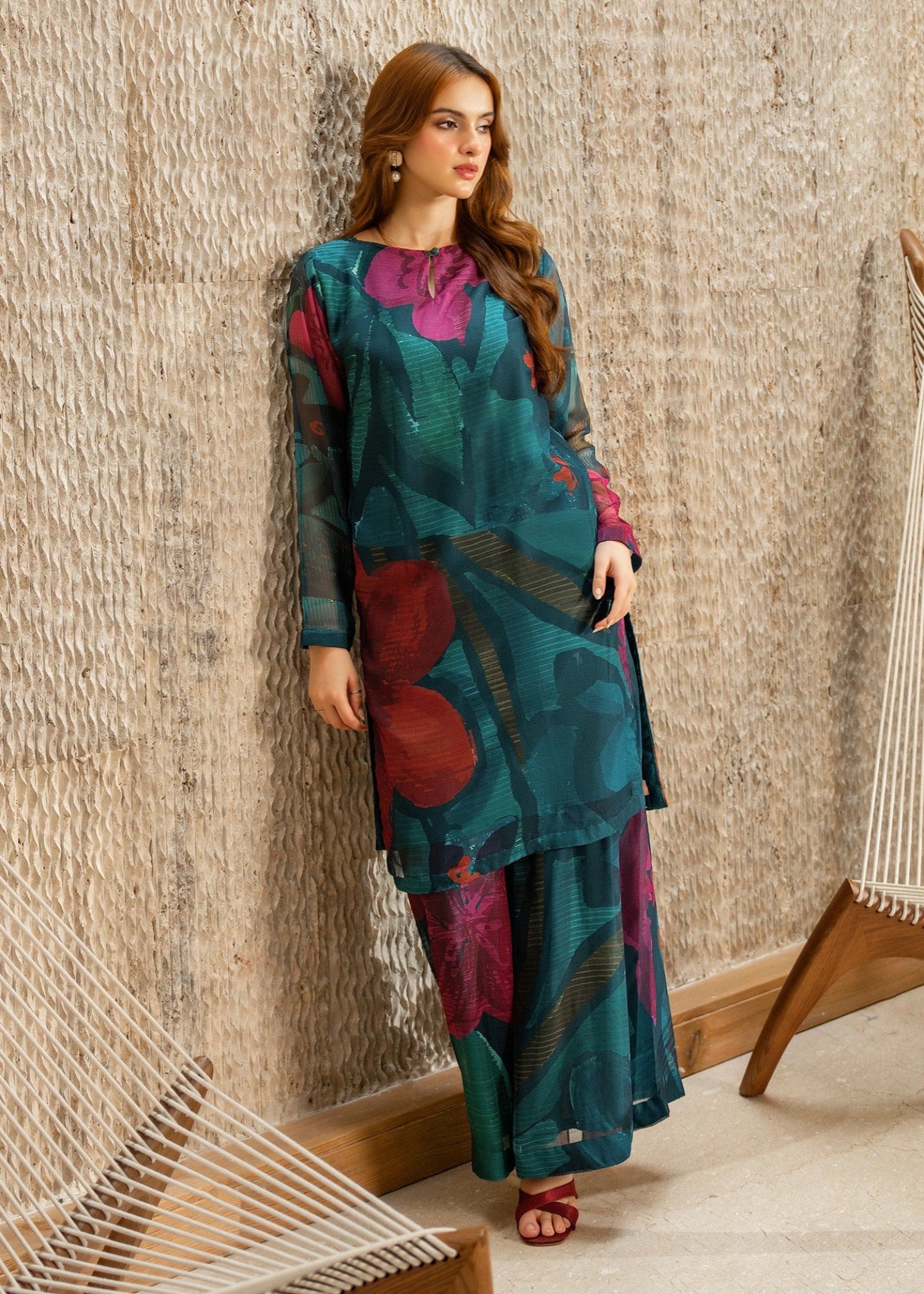 polyester chiffon Co Ord Sets in Teal
