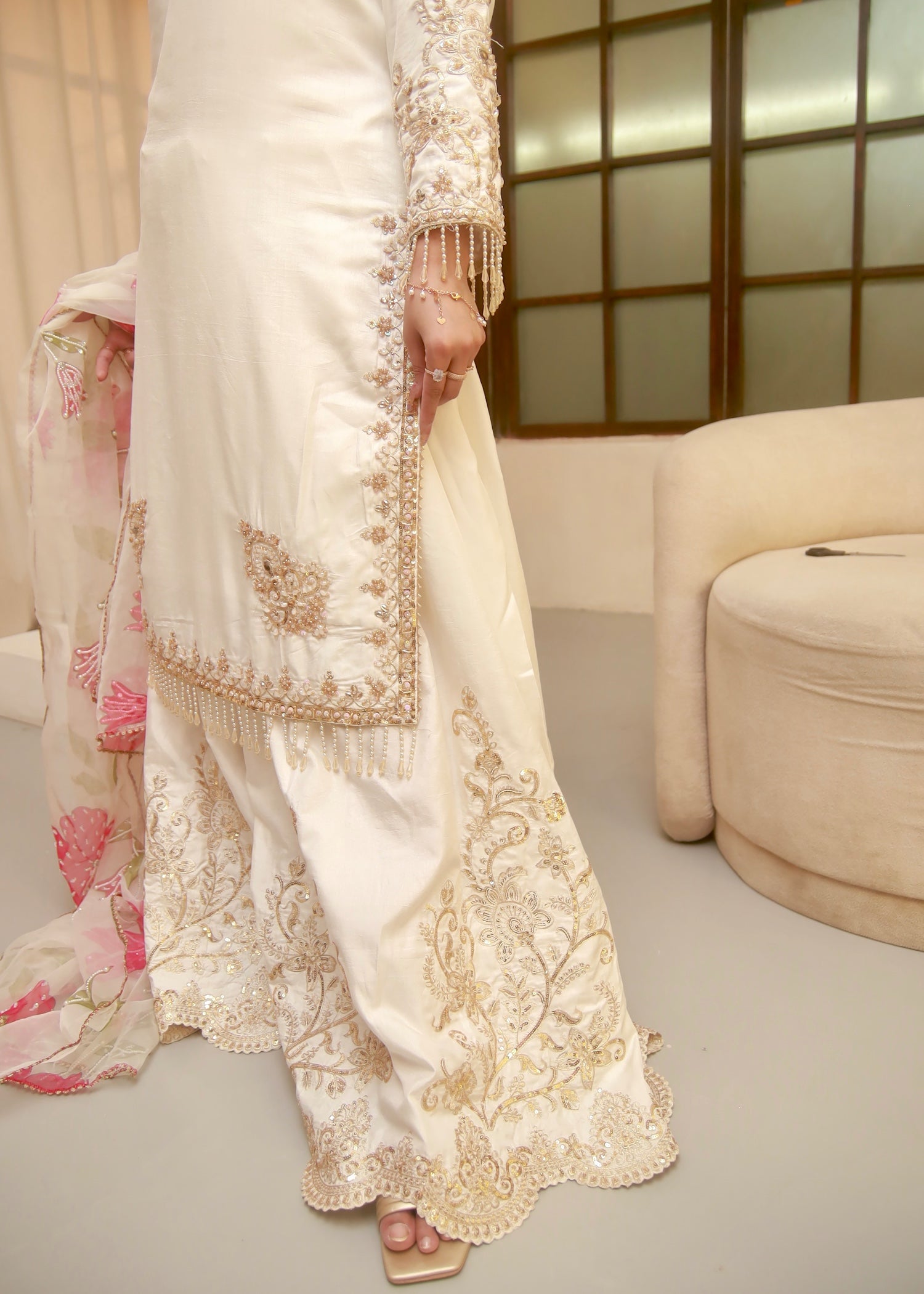 raw silk Sharara in White