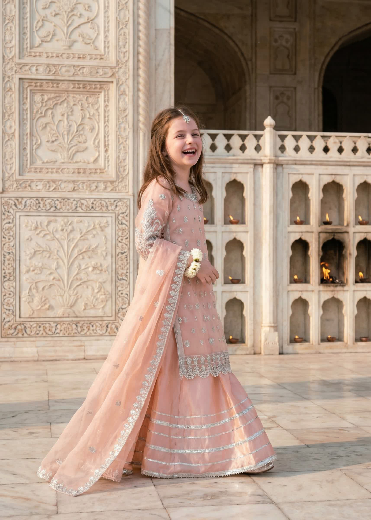 organza Lehenga in Peach pink