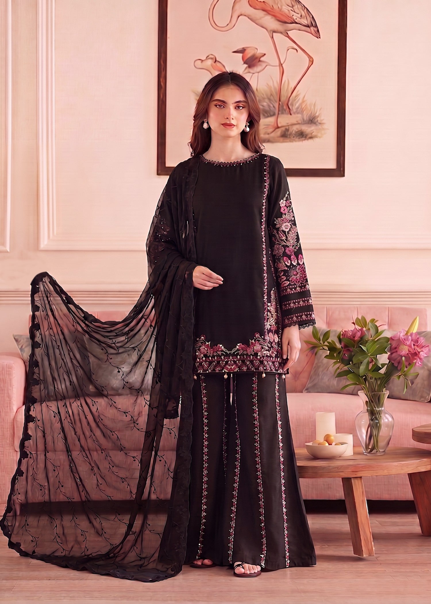 crinkle chiffon Sharara in Black