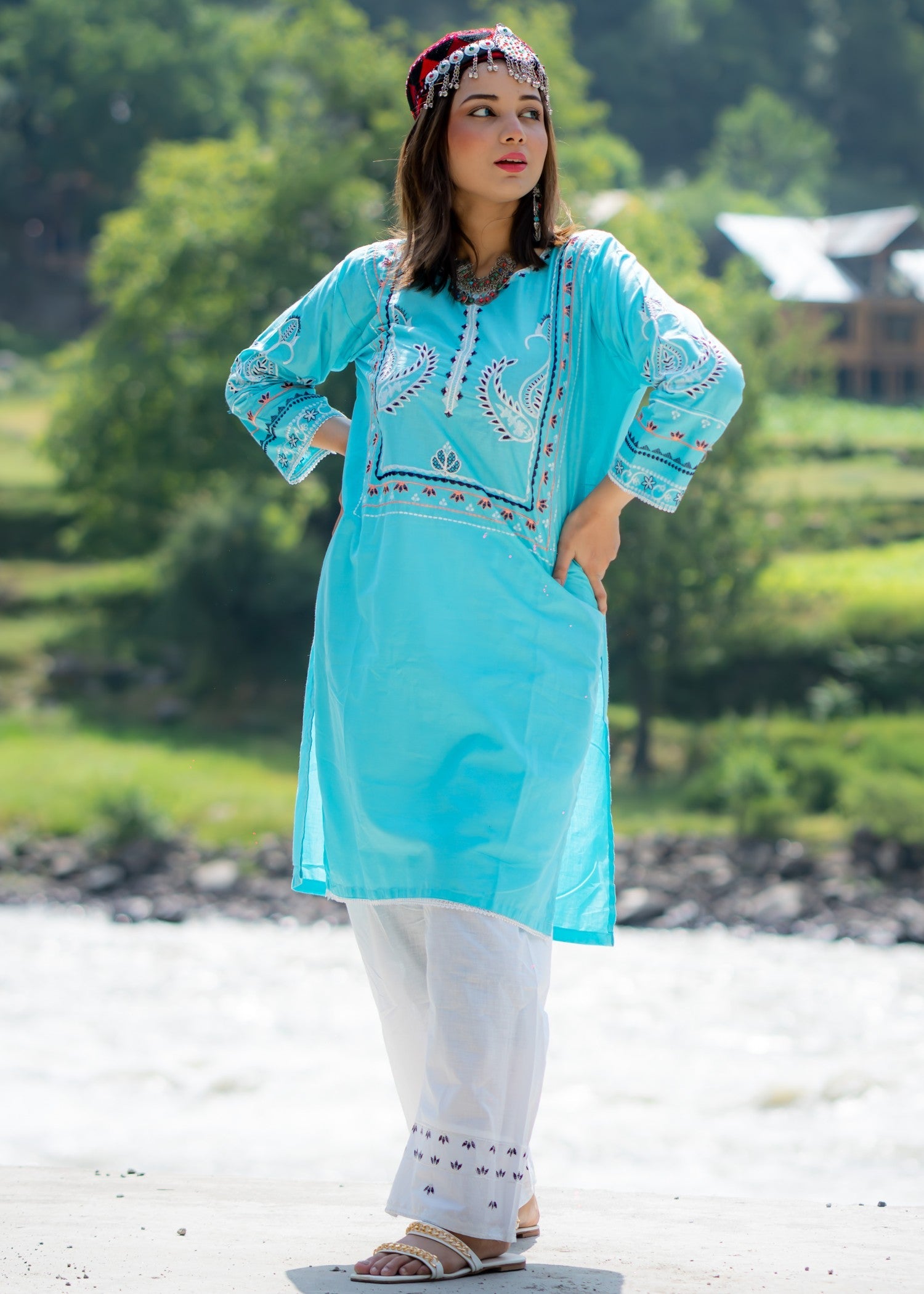cotton Kurta Set in Aquamarine