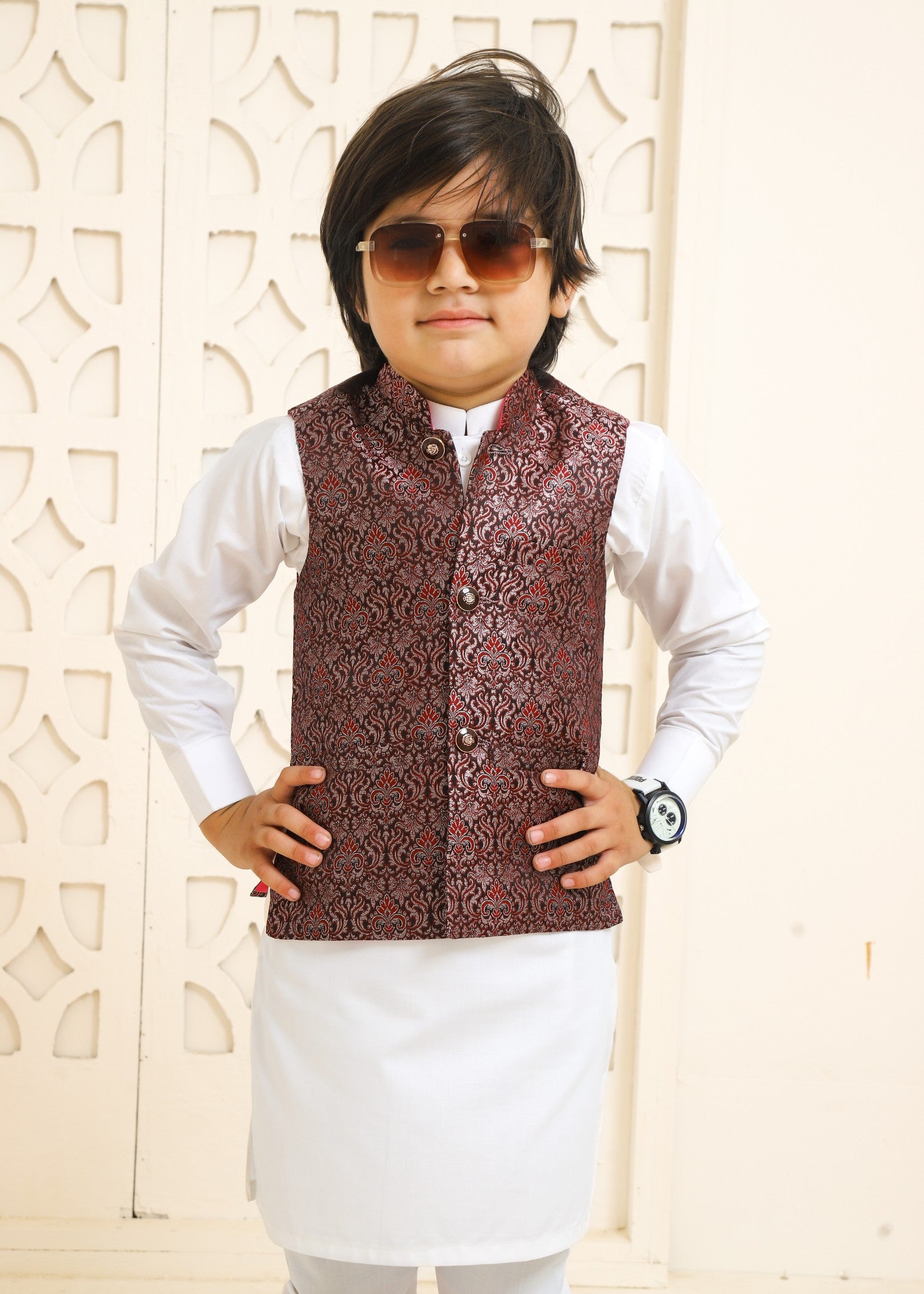 jamawar Waistcoat in Maroon