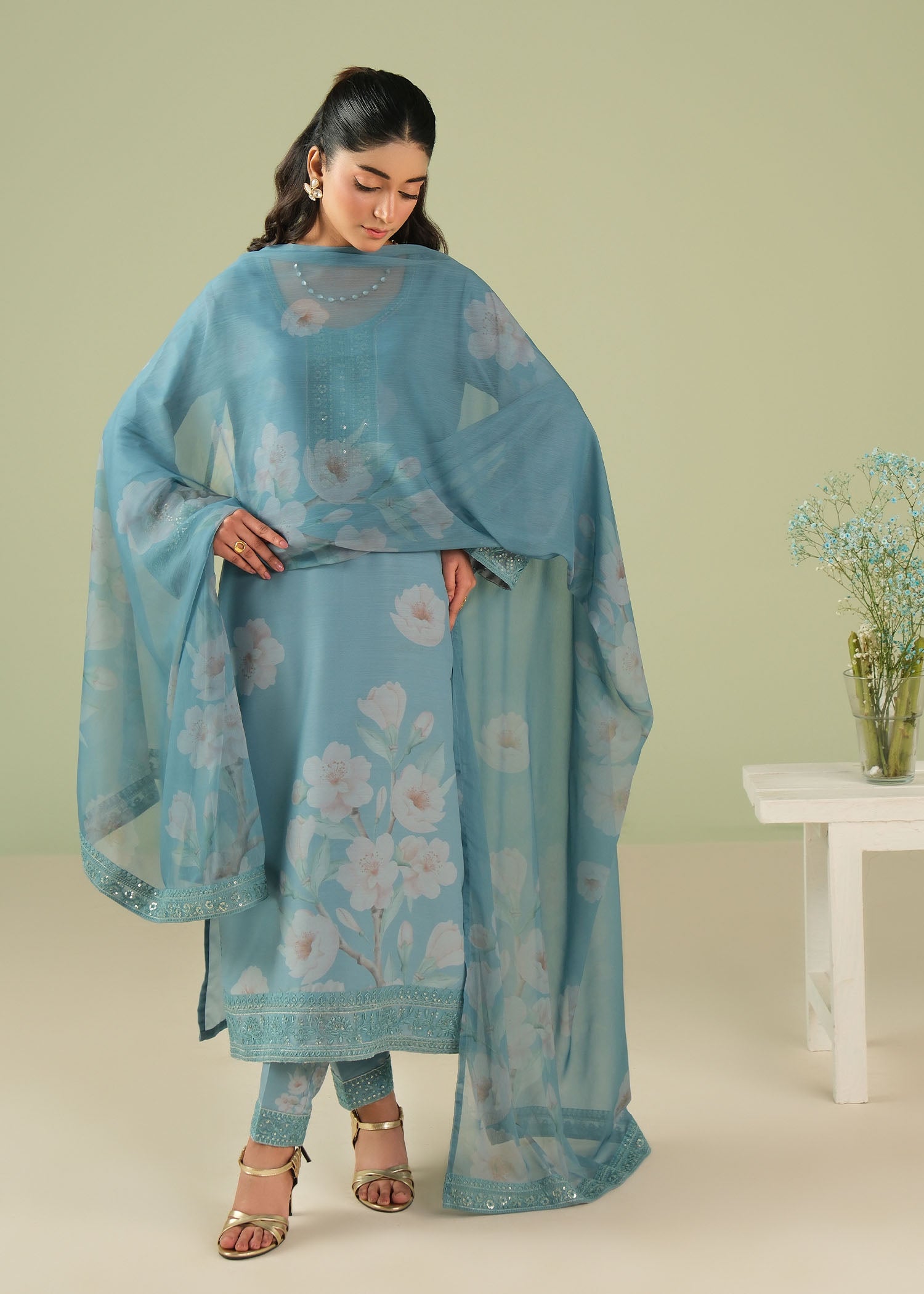 raw silk Kurta Set in Carolina blue
