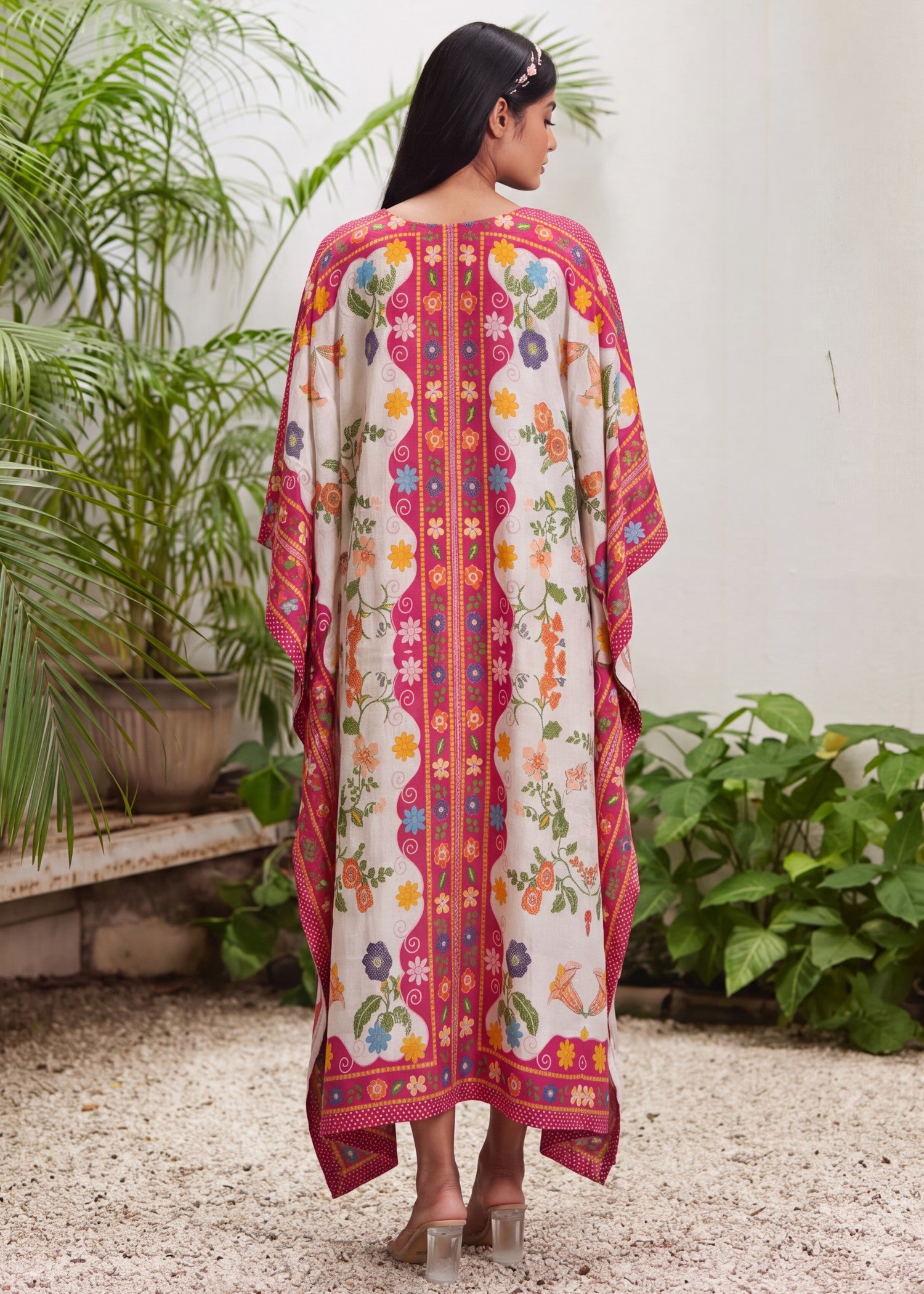 textured lawn Kaftan in Hot pink red