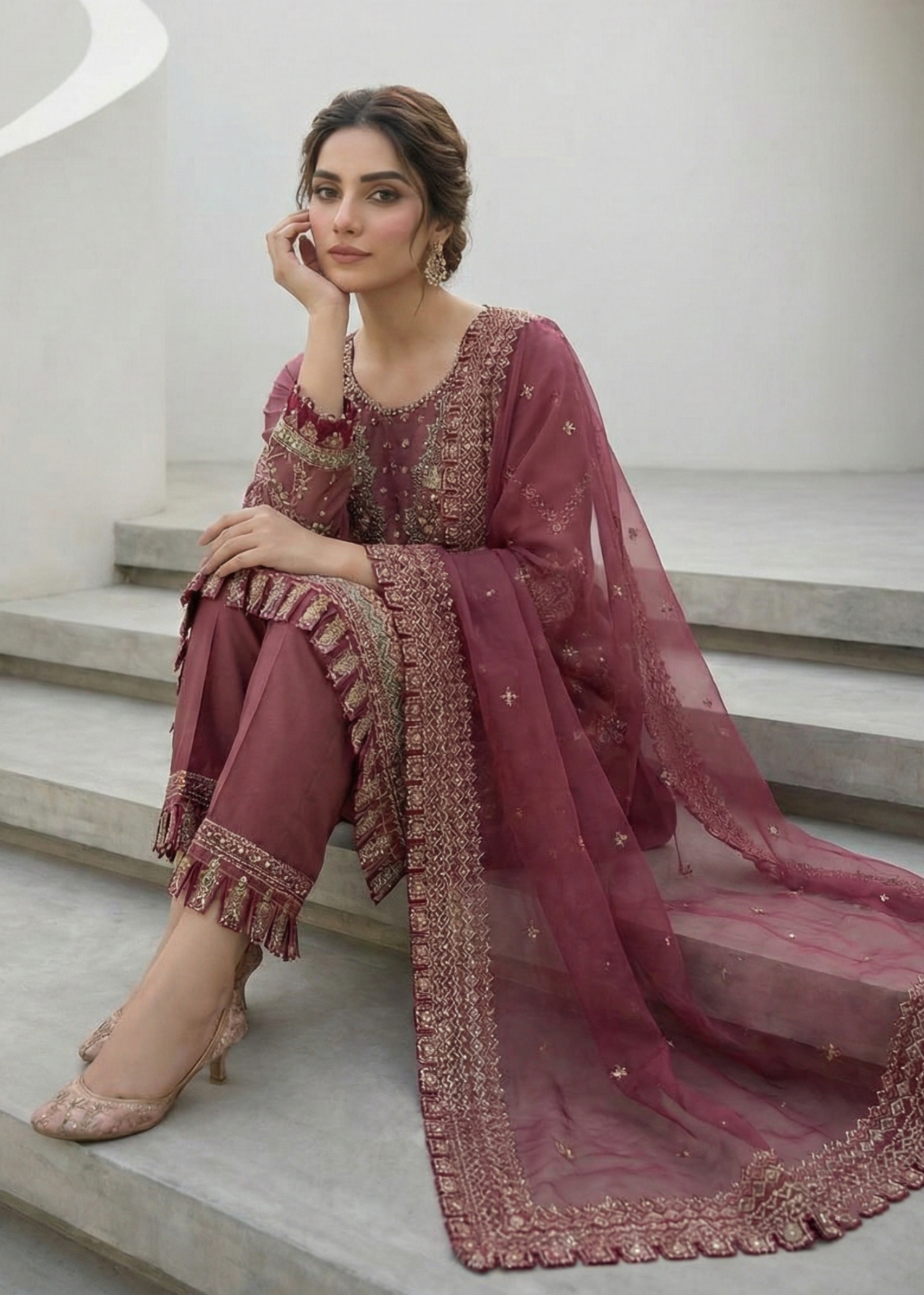 organza Kurta Set in Mauve pink