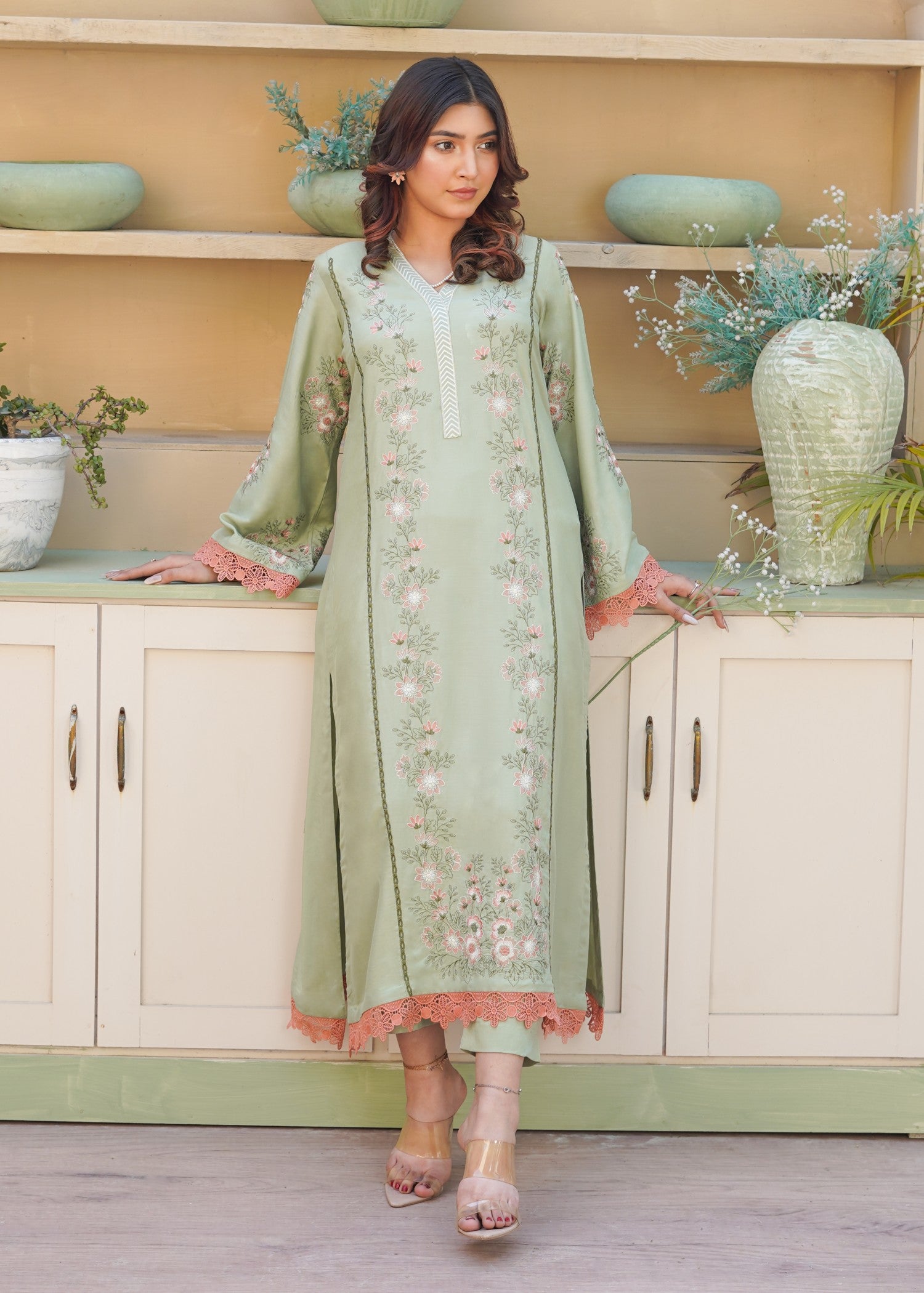 arabic lawn Kurta Set in Tea green