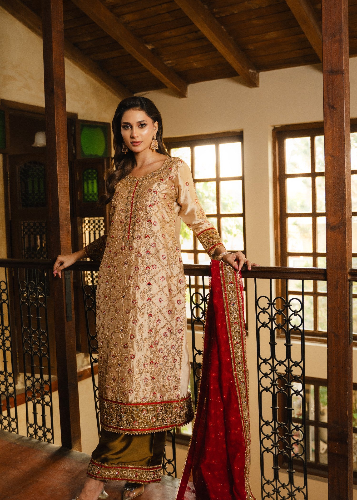 silk charmeuse Kurta Set in Crimson, flax