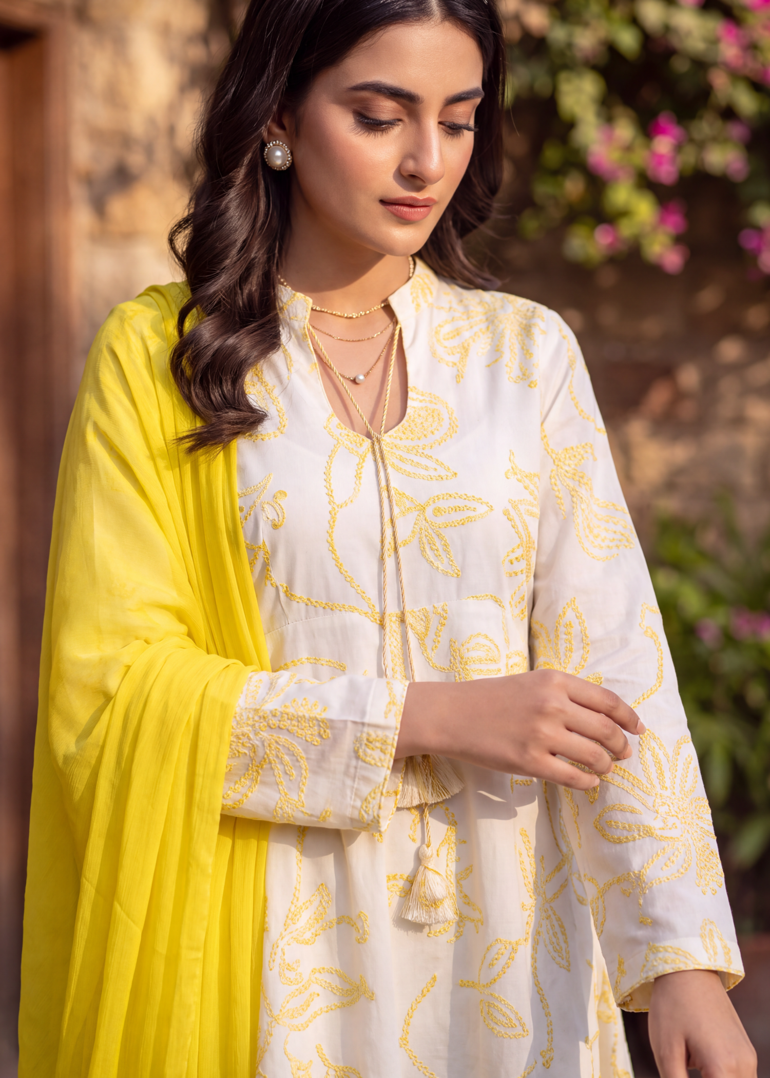 lawn Short Frock in Yellow, white, lemon