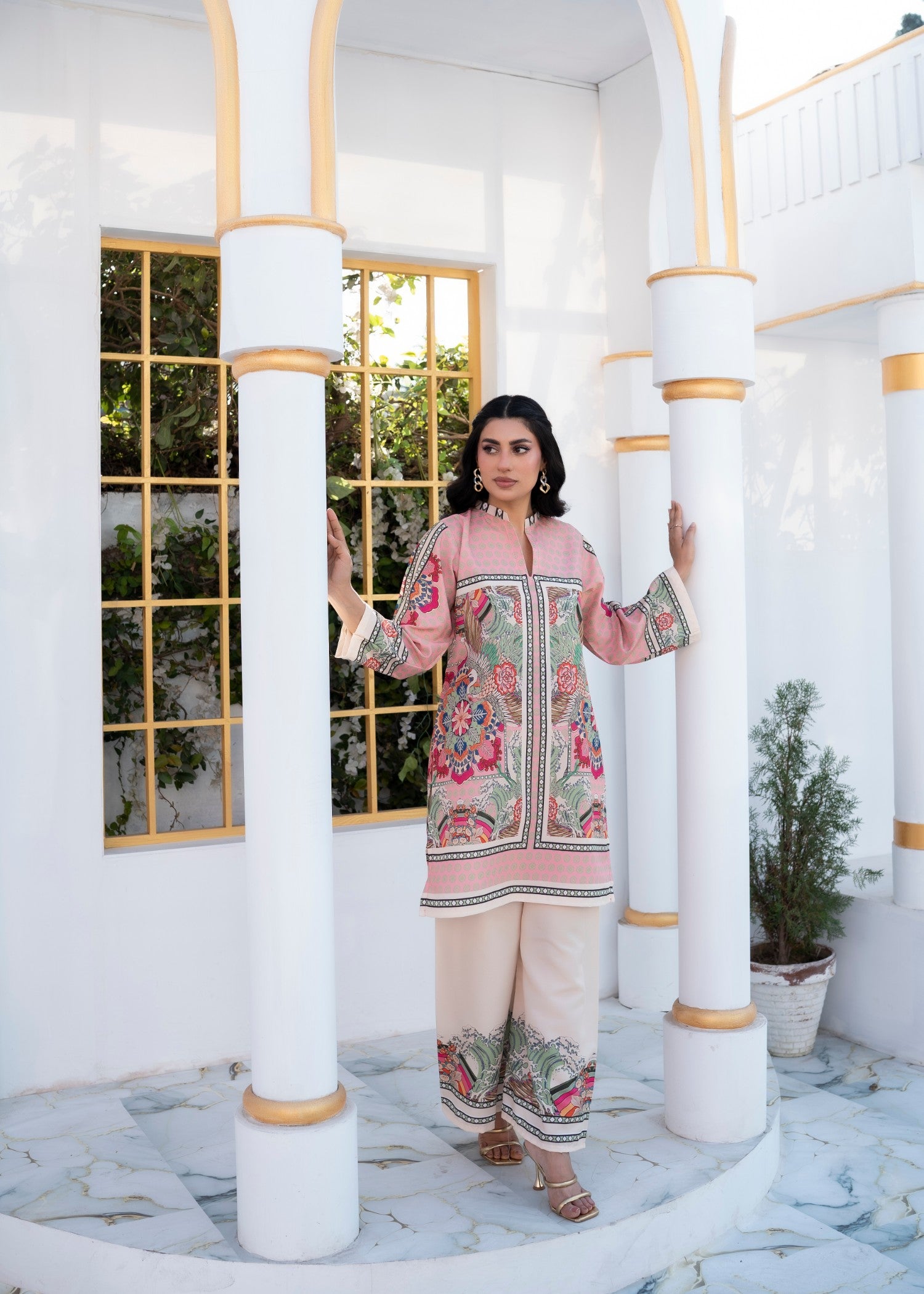 poly lawn Kurta Set in Baby pink, multi