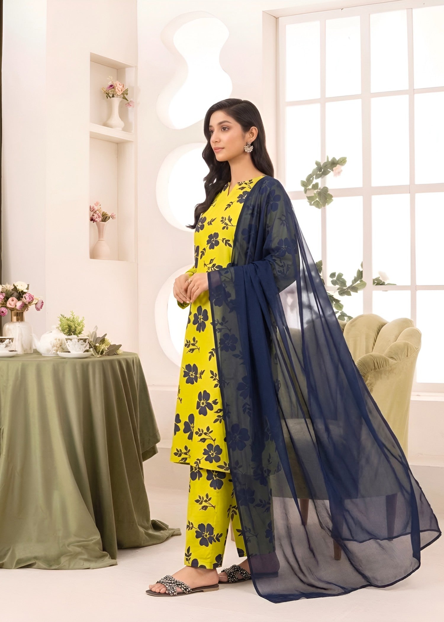 linen Kurta Set in Yellow green
