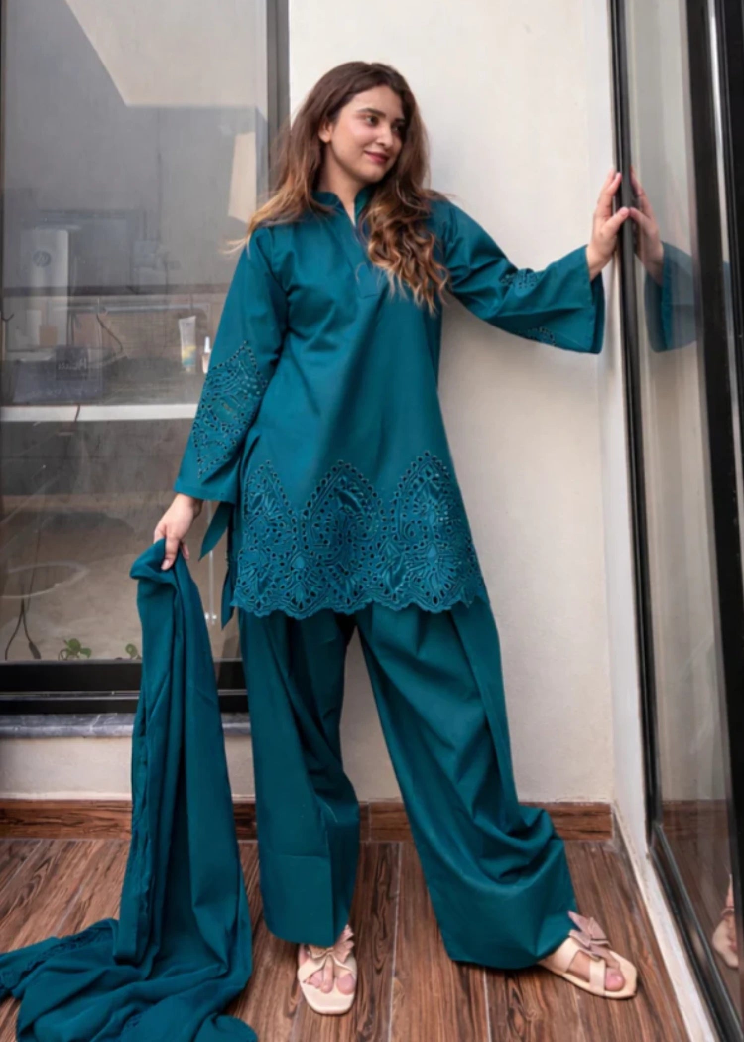 lawn cotton Kurta Set in Teal