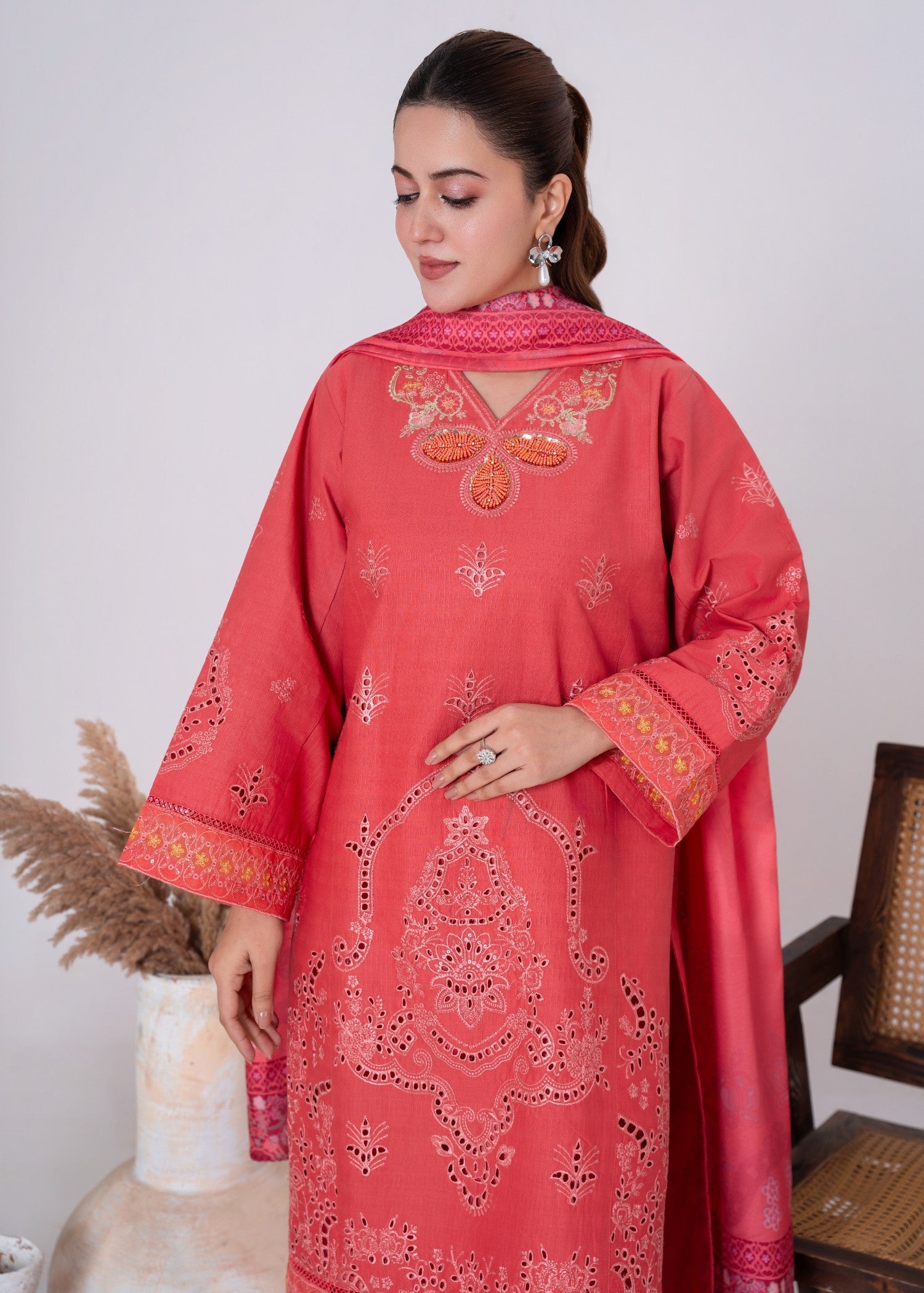 khaddar Kurta Set in Coral pink