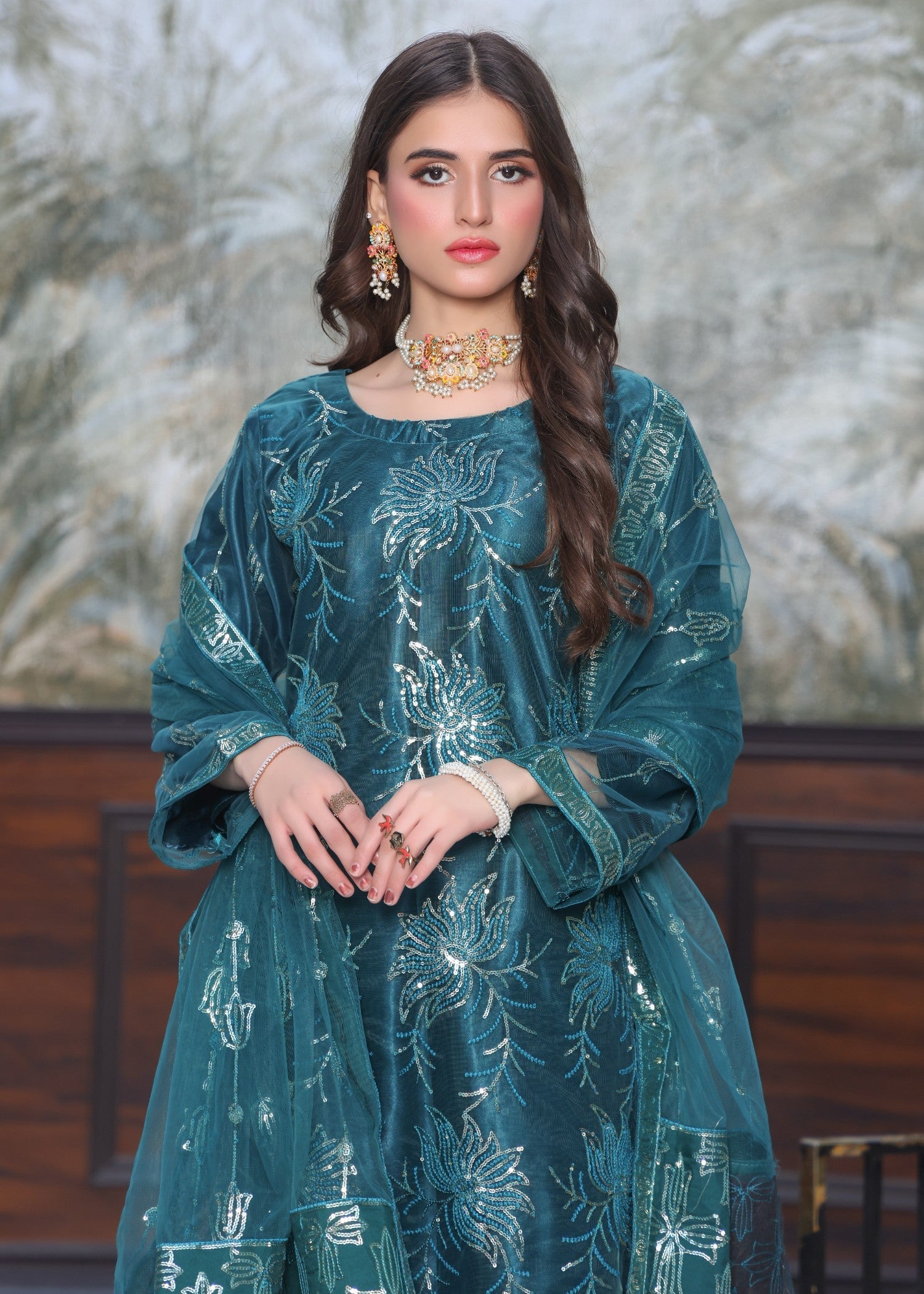 net Kurta Set in Sea green