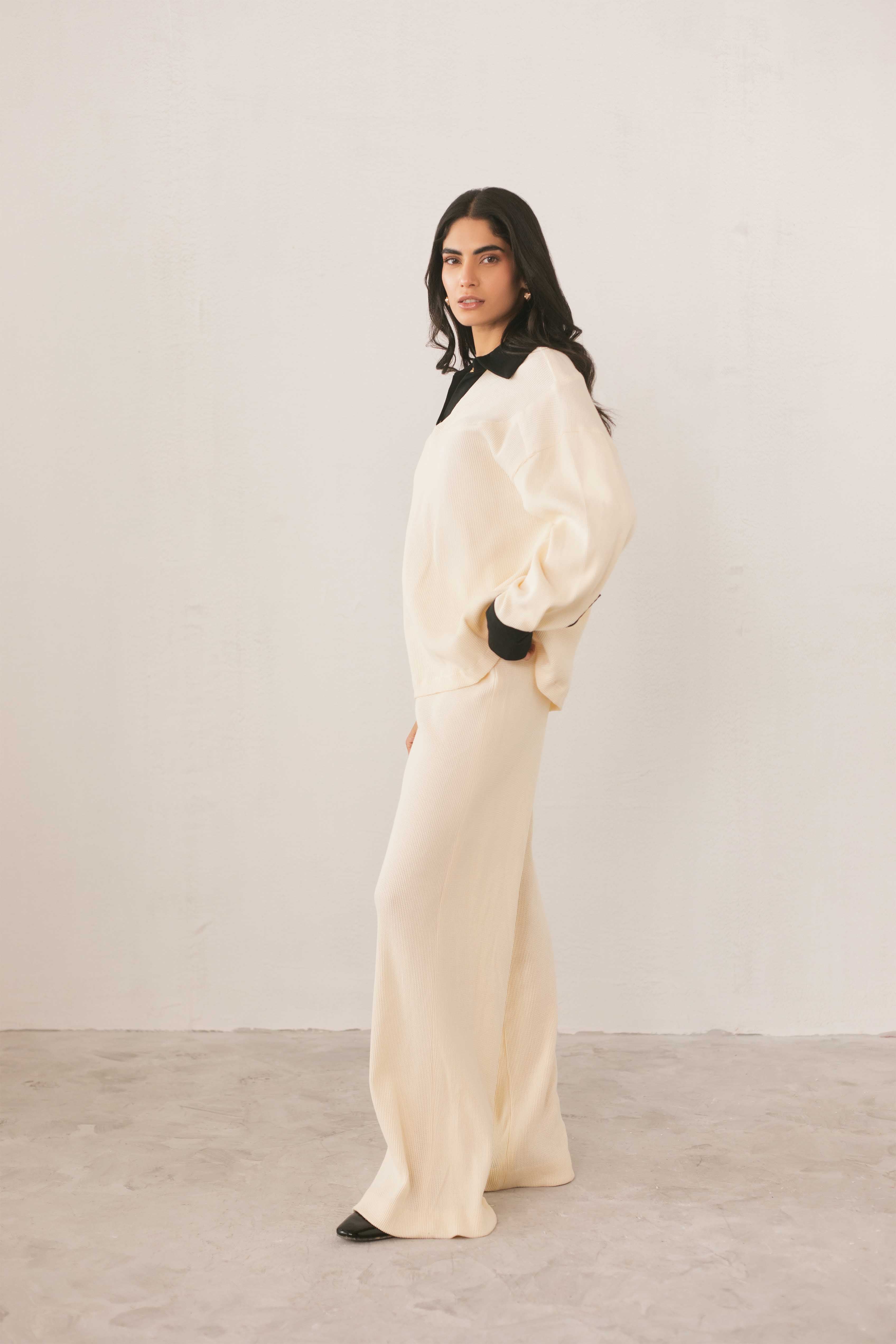 yarn dyed jacquard Trousers in Cream