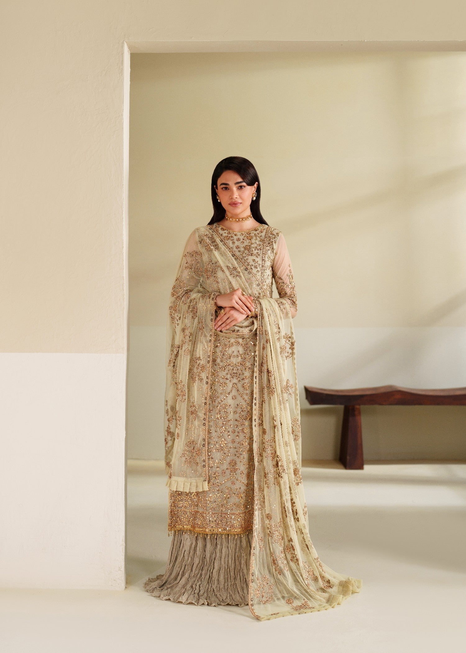 khaddi net Unstitched in Cream