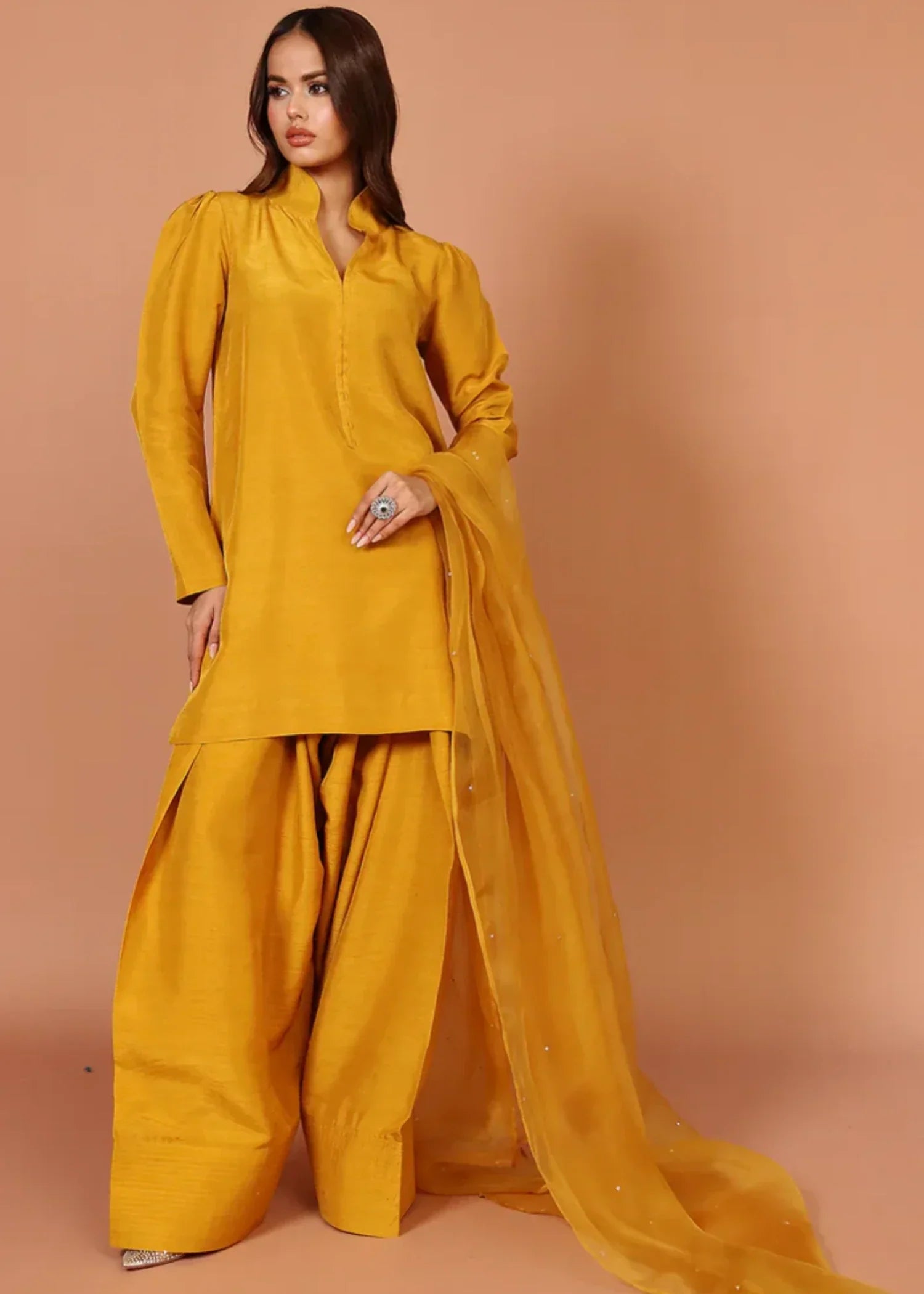indian raw silk Kurta Set in Saffron