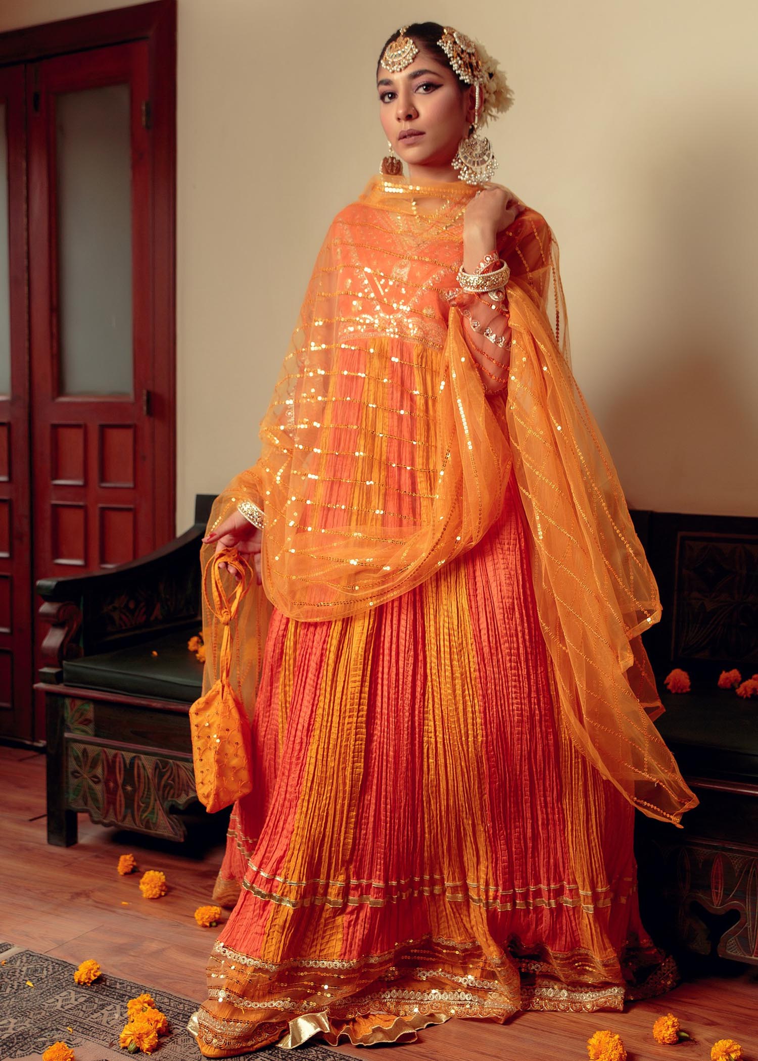 cotton silk Pishwas in Orange