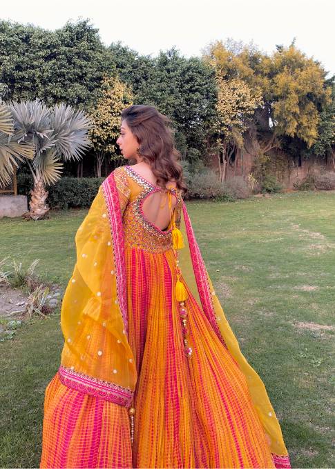 organza Pishwas in Yellow