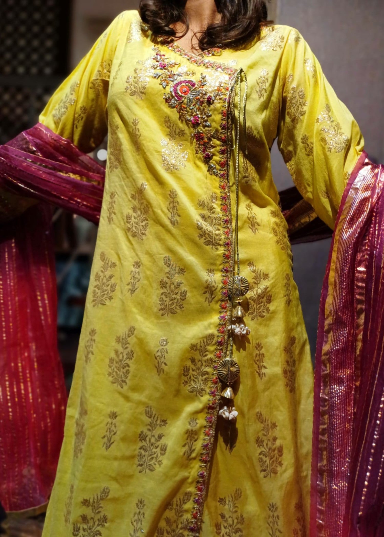 cotton jacquard Angrakha in Yellow