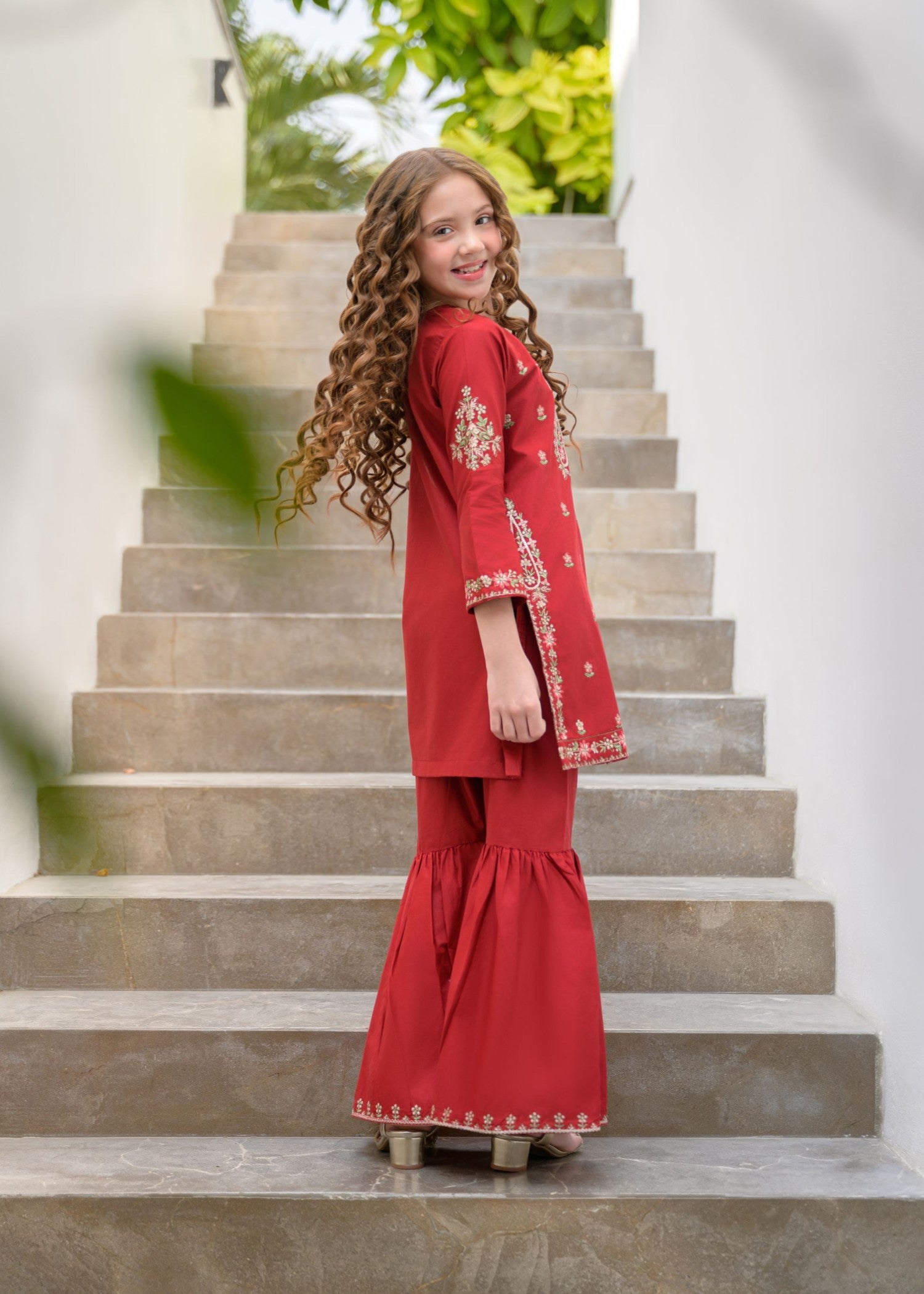 lawn Gharara in Red