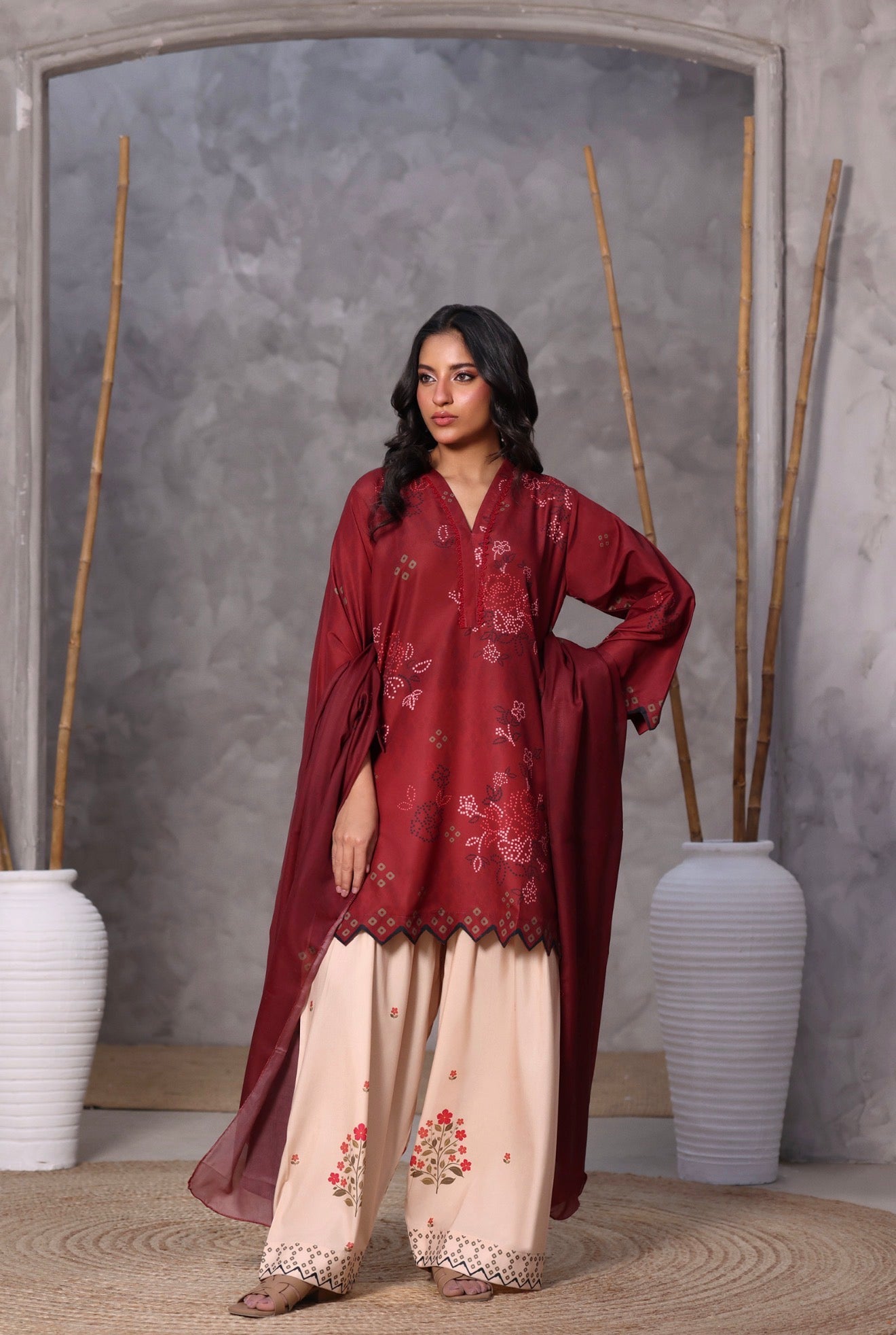 swiss lawn Kurta Set in Blood red