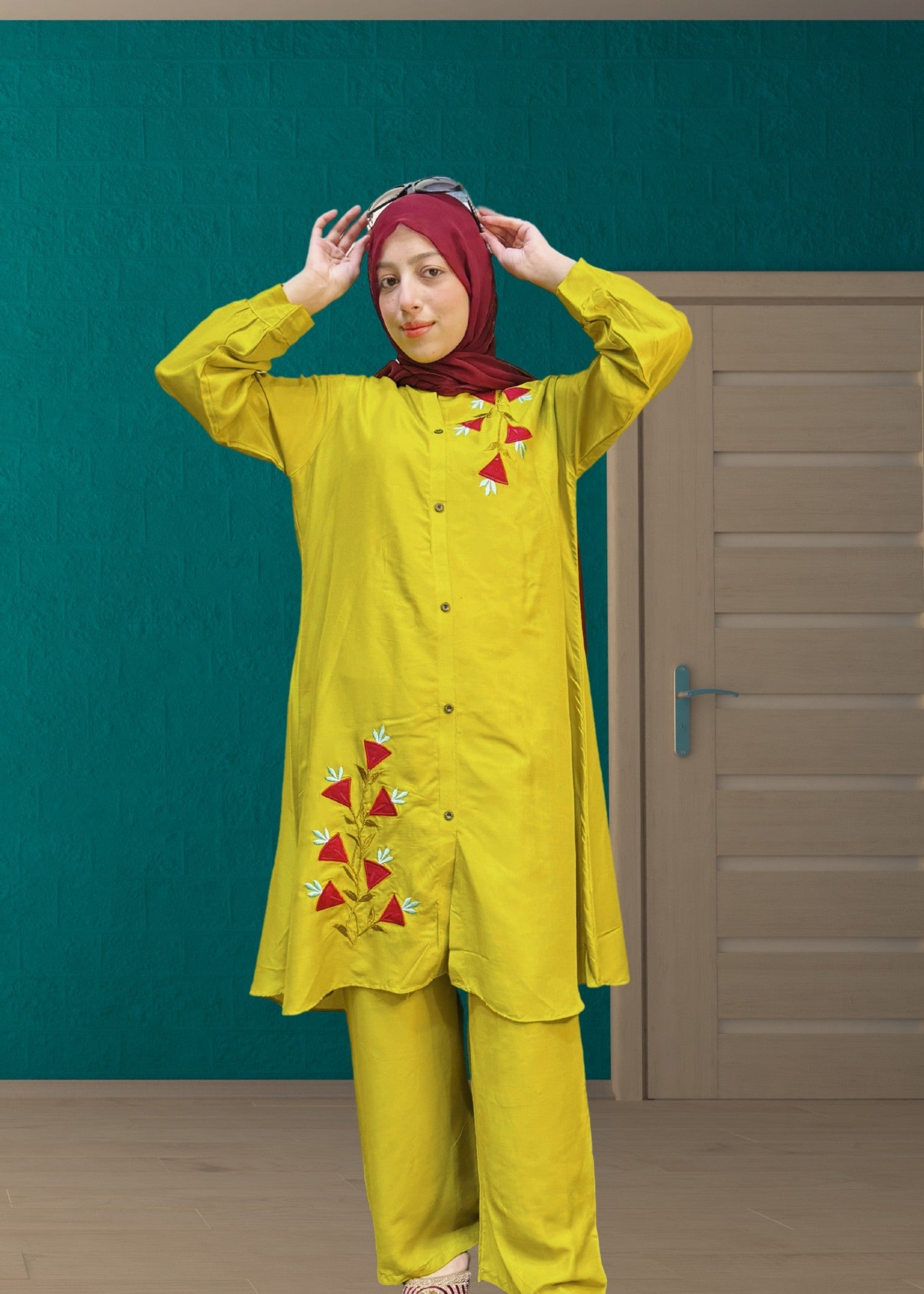 linen Short Frock in Yellow green