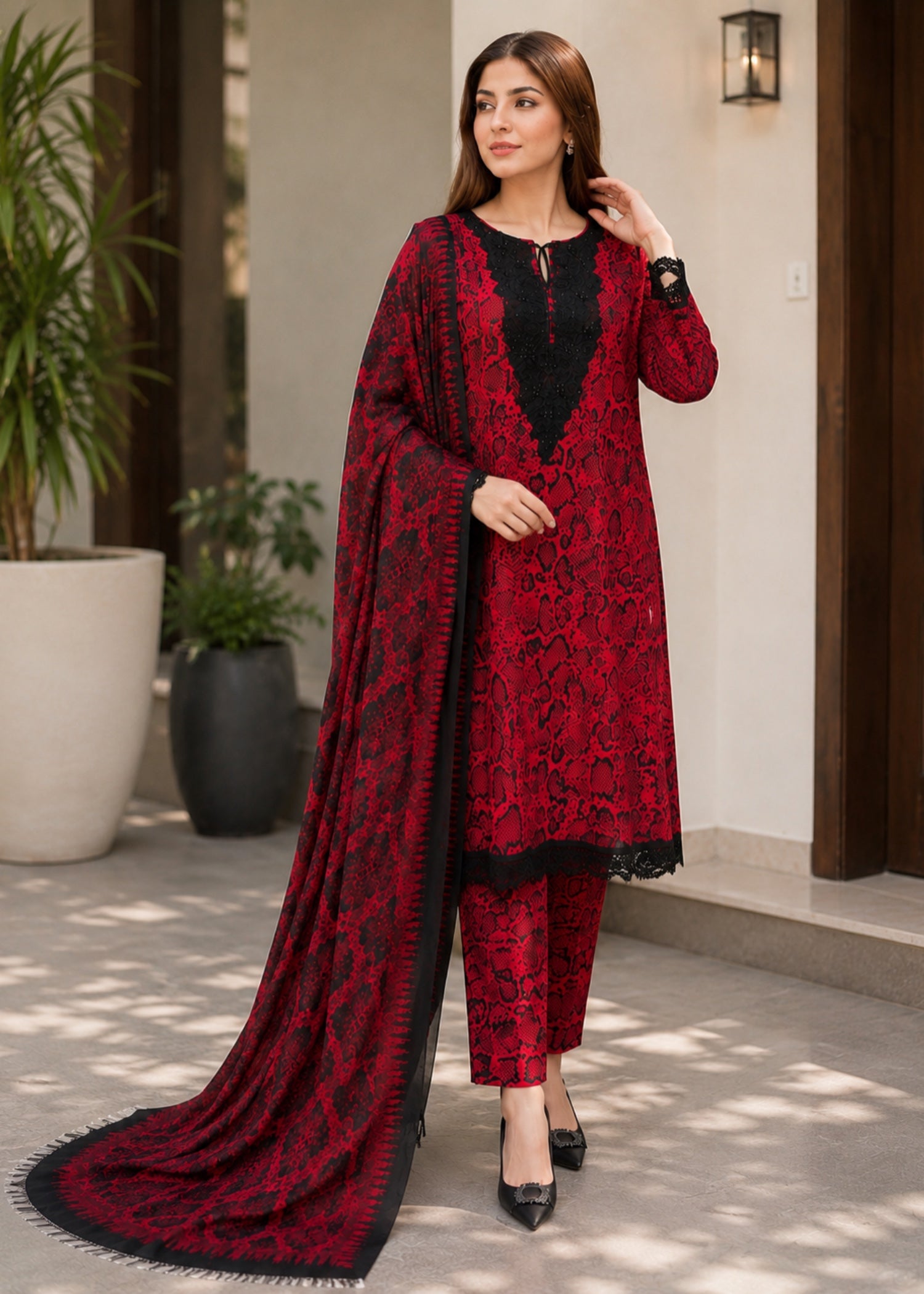 lawn Kurta Set in Venetian red, taupe black