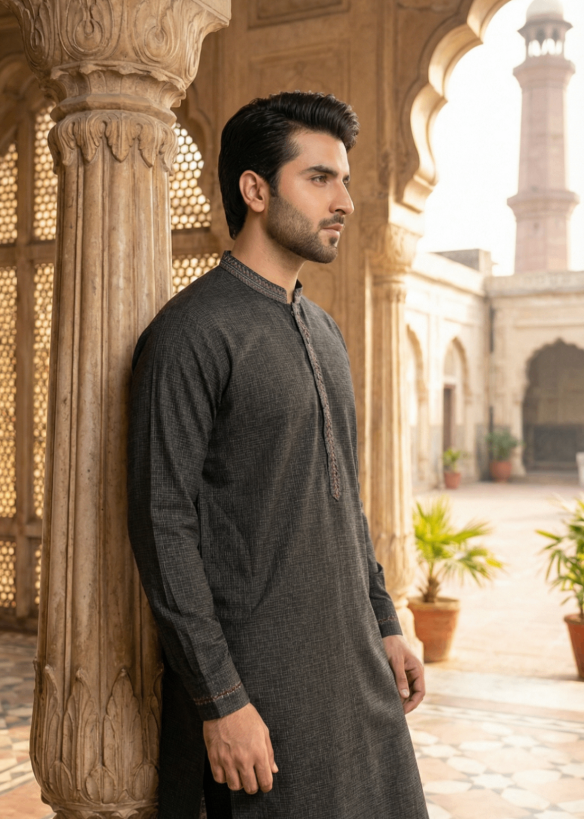 textured wash & wear Kurta Set in Iron grey