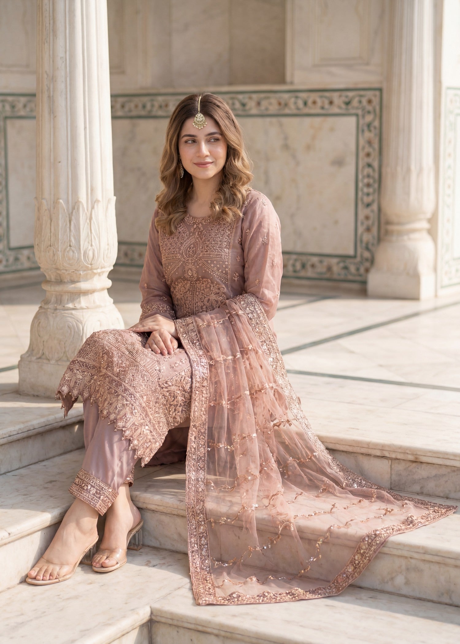 net Kurta Set in Almond brown