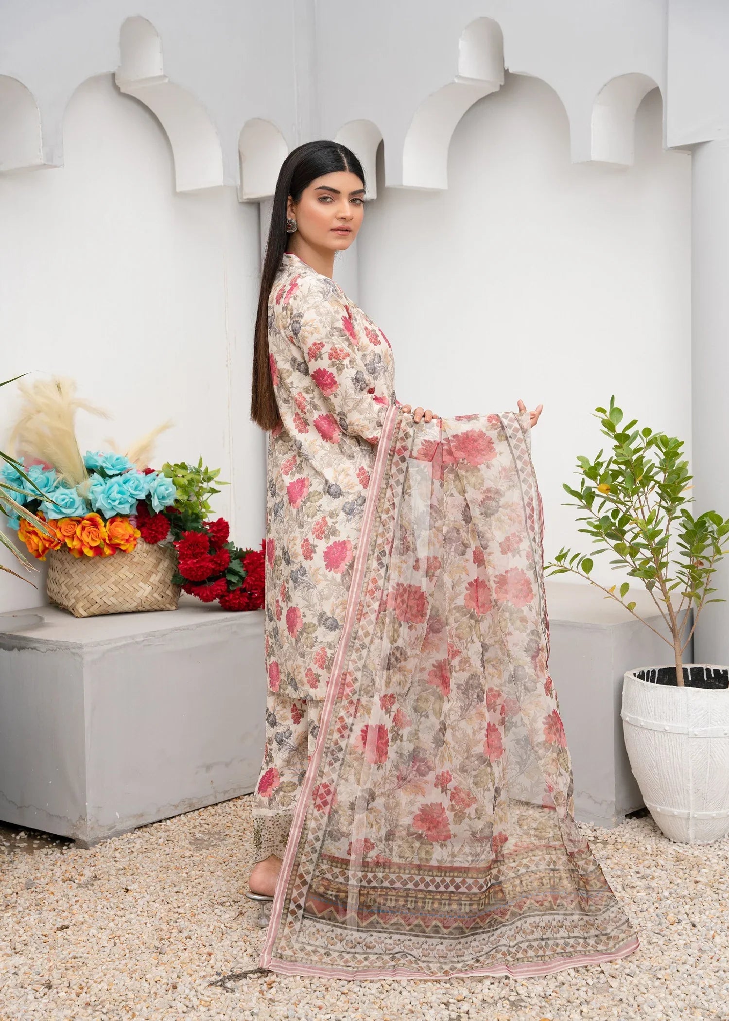poly lawn Kurta Set in Eggshell