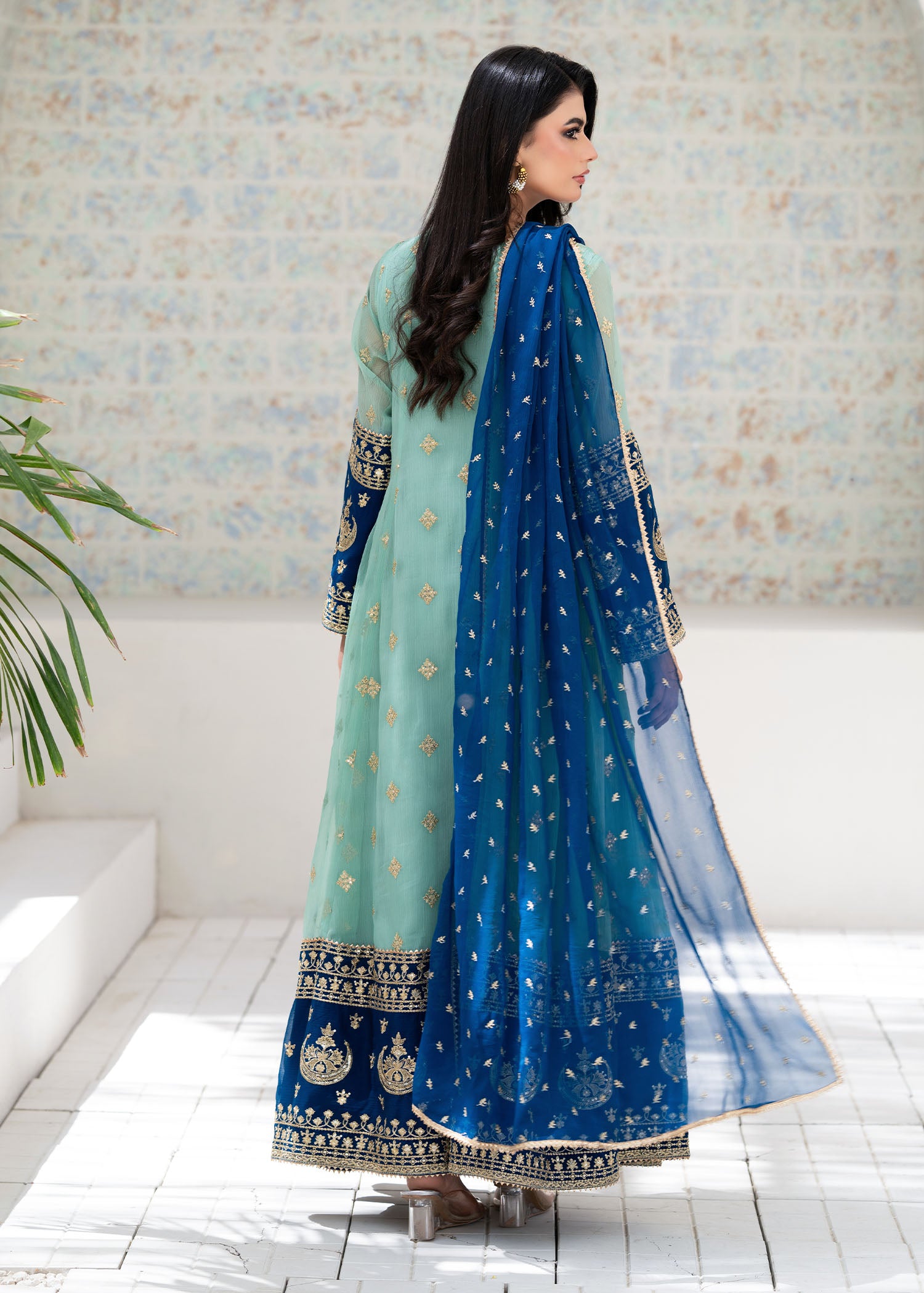 chiffon Anarkali in Aquamarine