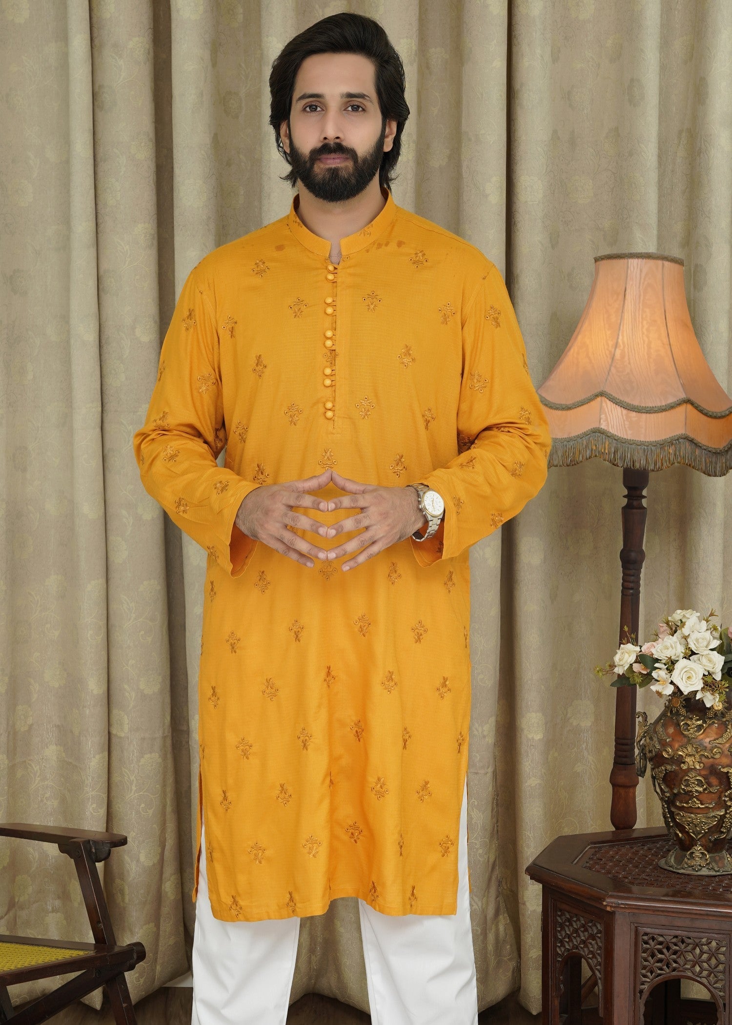 cotton linen Kurta in Mustard by Maqsood Garments