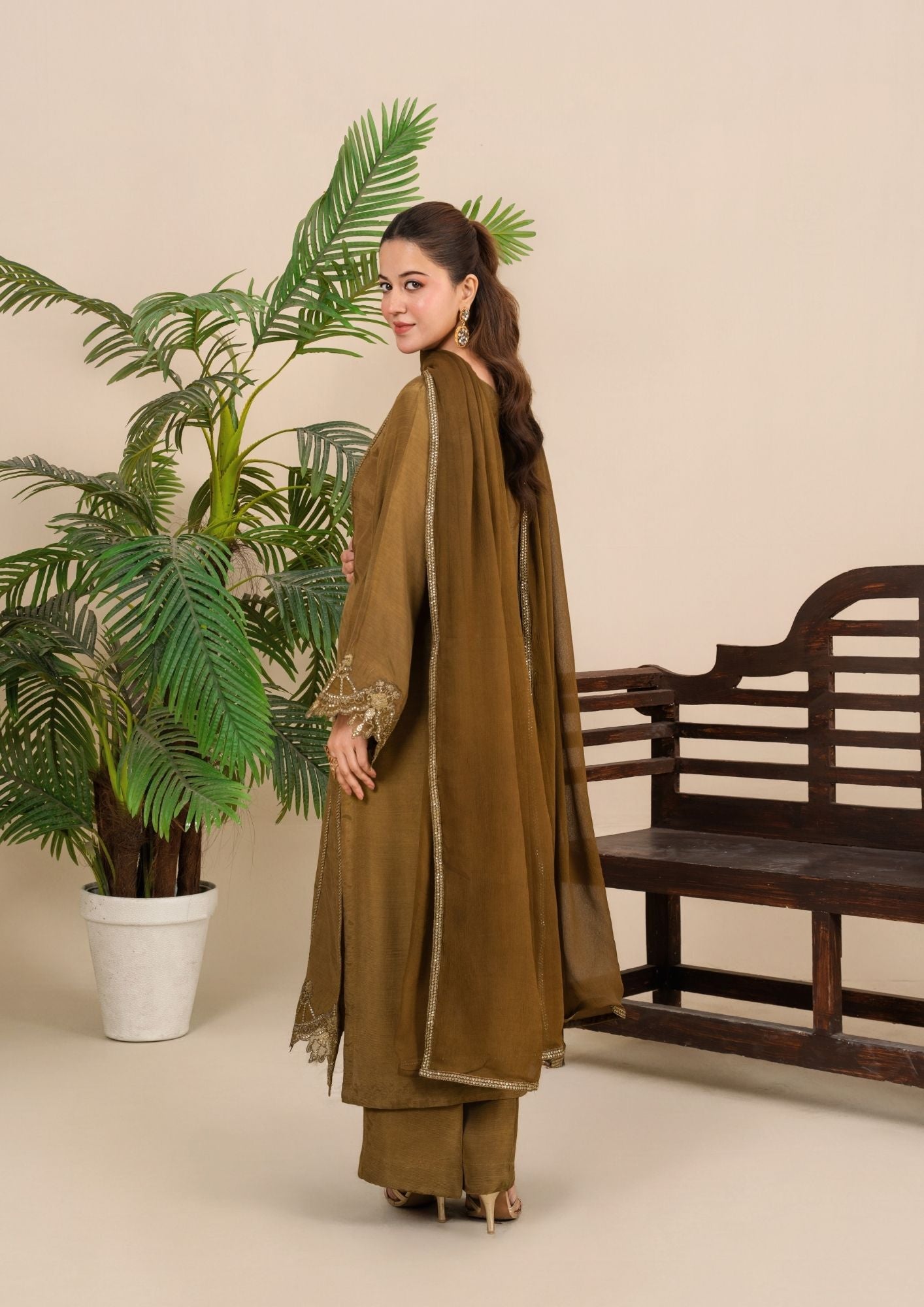 viscose raw silk Kurta Set in Golden brown