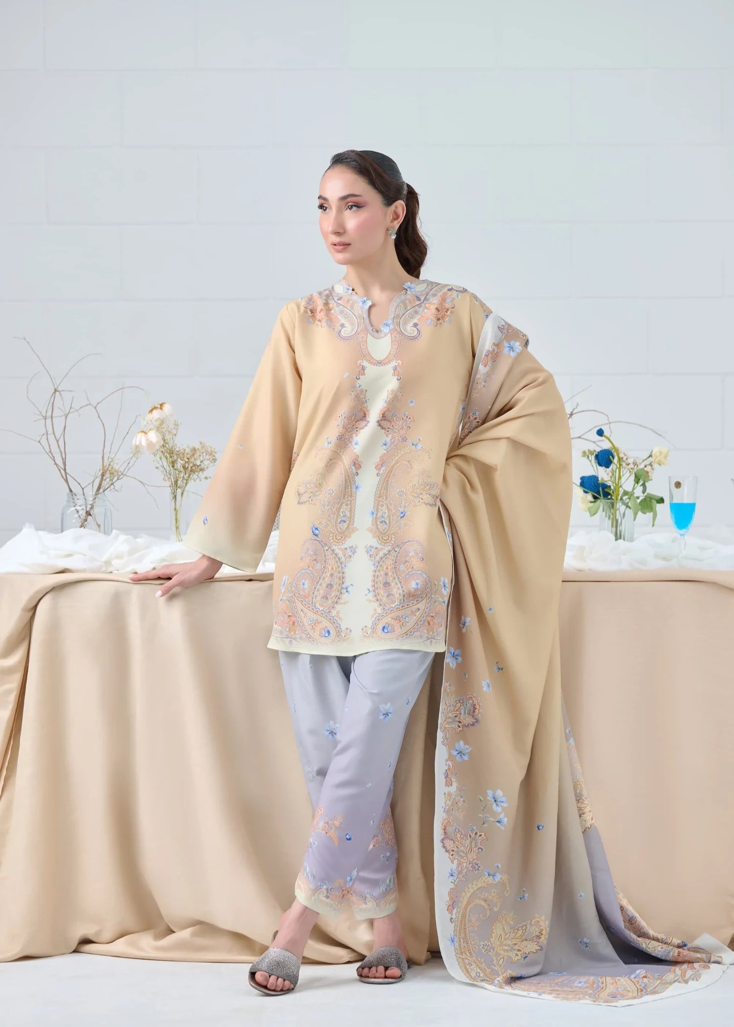 raw silk Kurta Set in Beige, ice blue