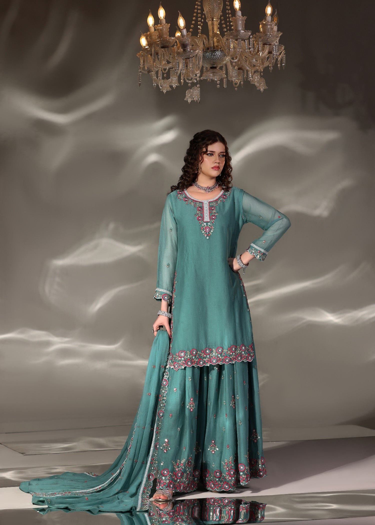 pk chiffon Sharara in Sea green