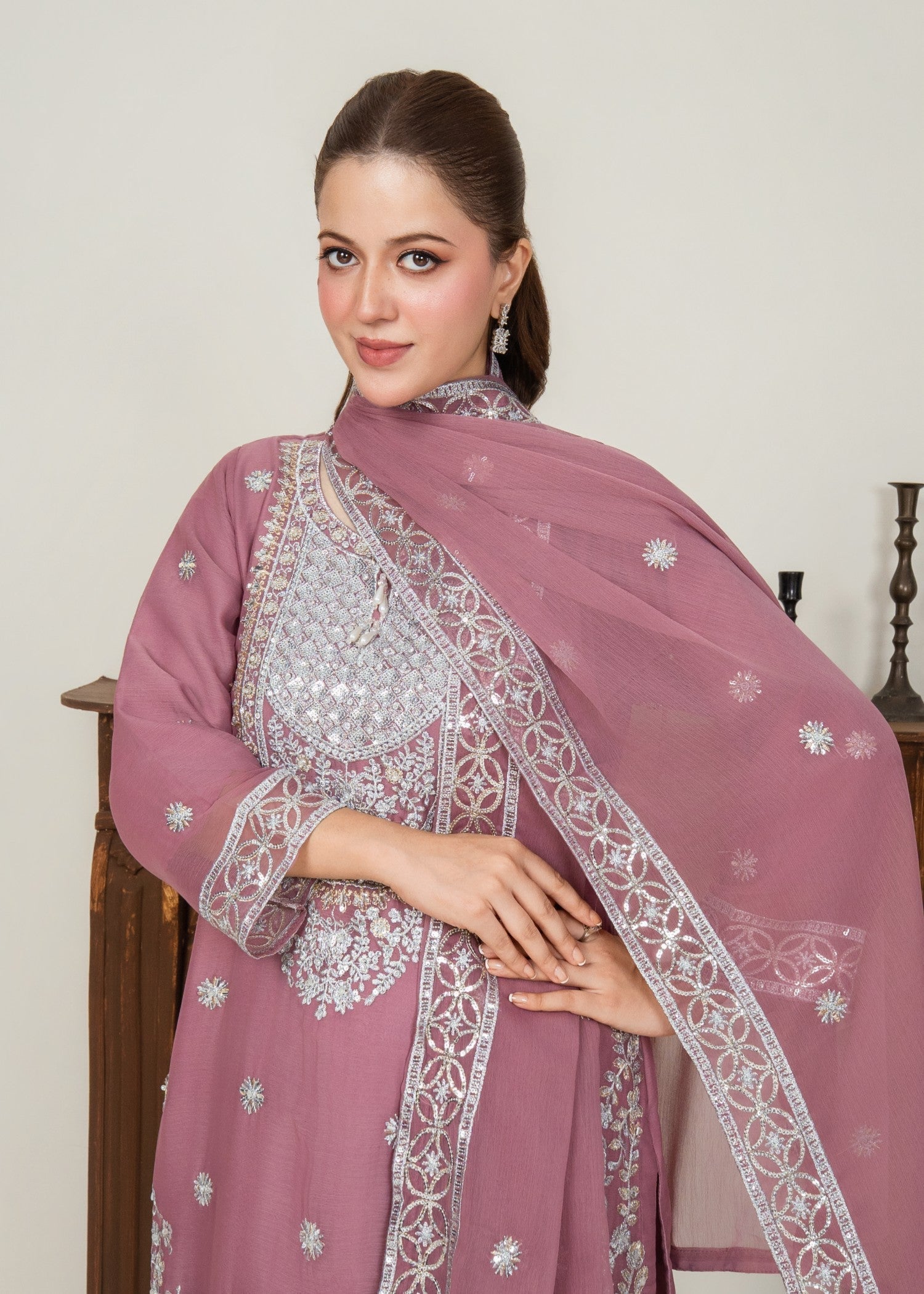 chiffon Kurta Set in Lavender pink