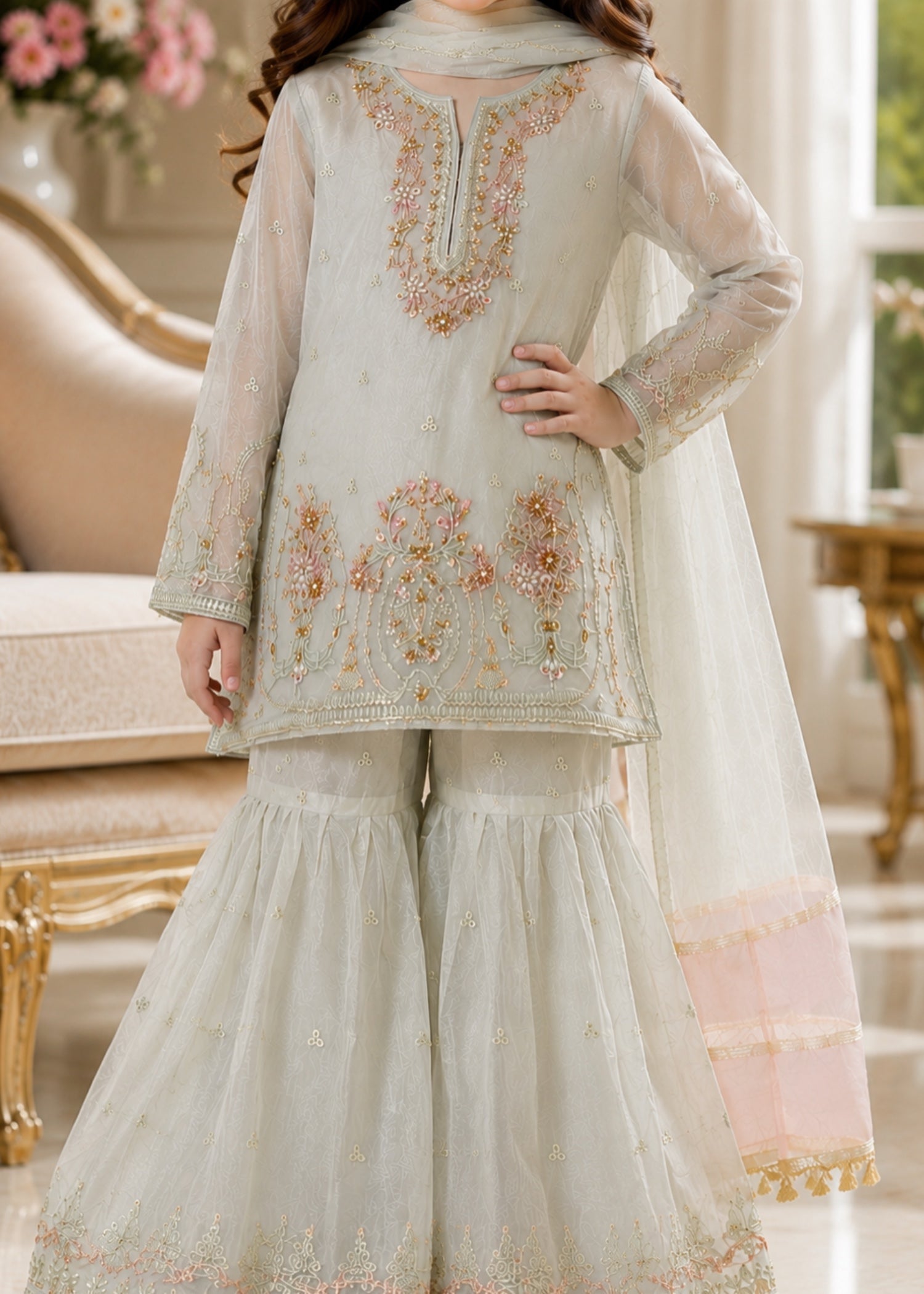 organza Gharara in Tea green