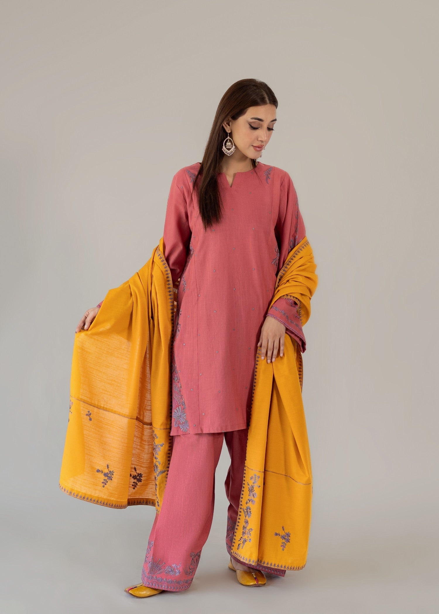 slub khaddar Kurta Set in Pink