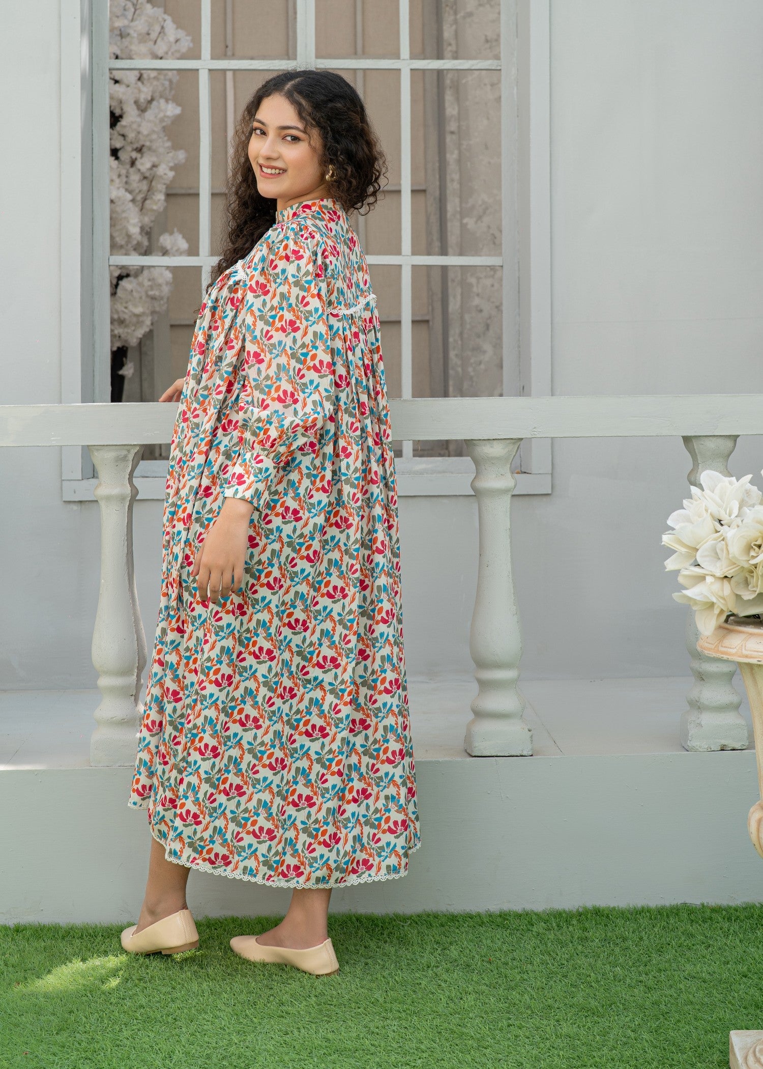 arabic lawn Frock in Beige