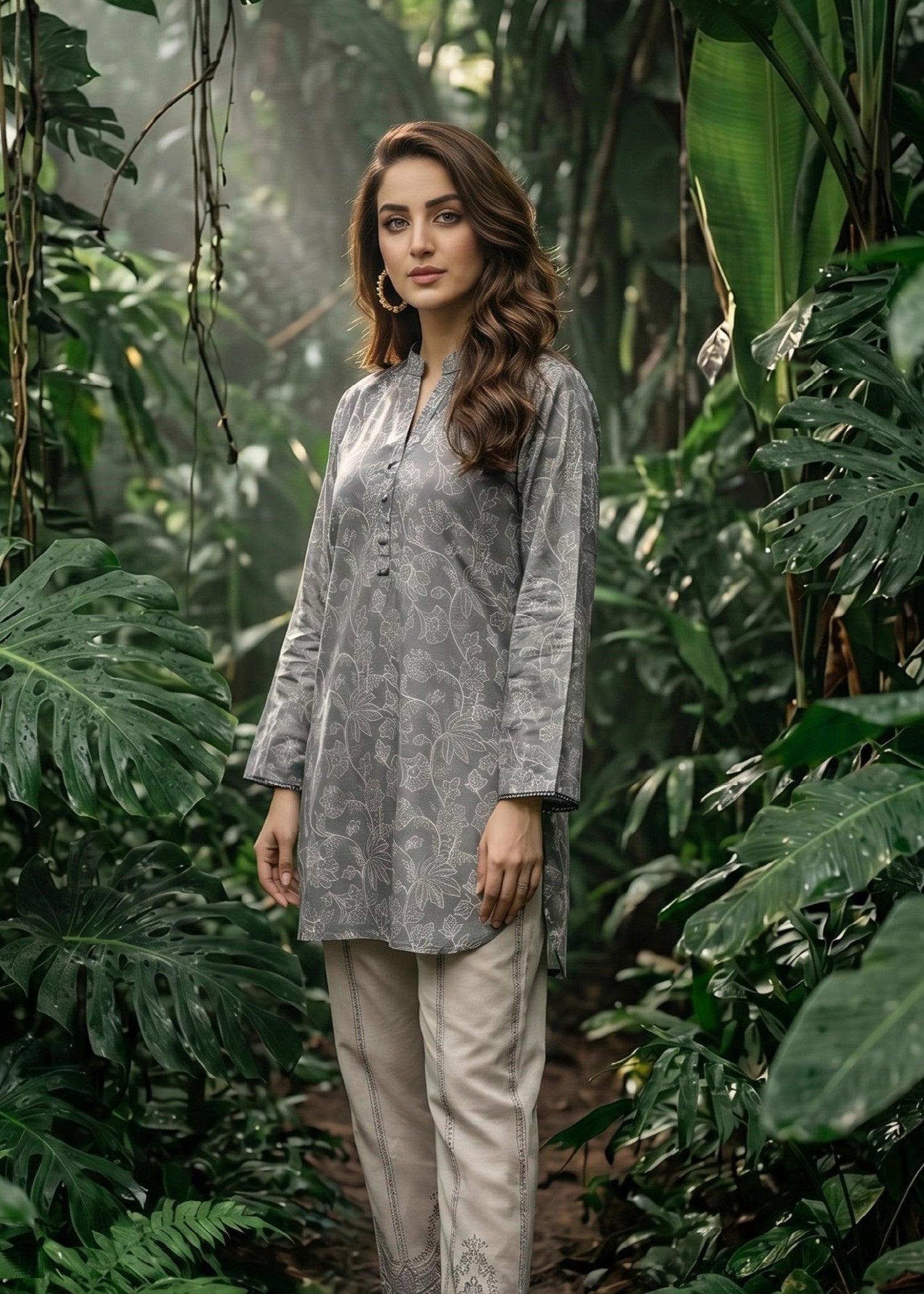 slub lawn Kurta Set in Grey
