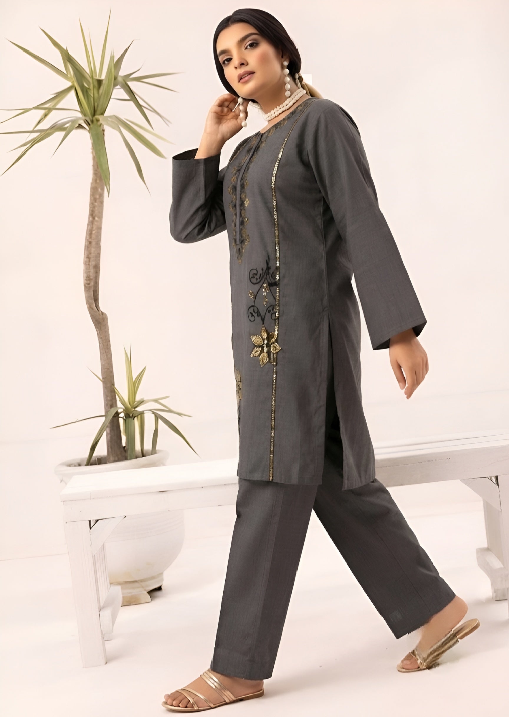 linen Kurta Set in Steal grey