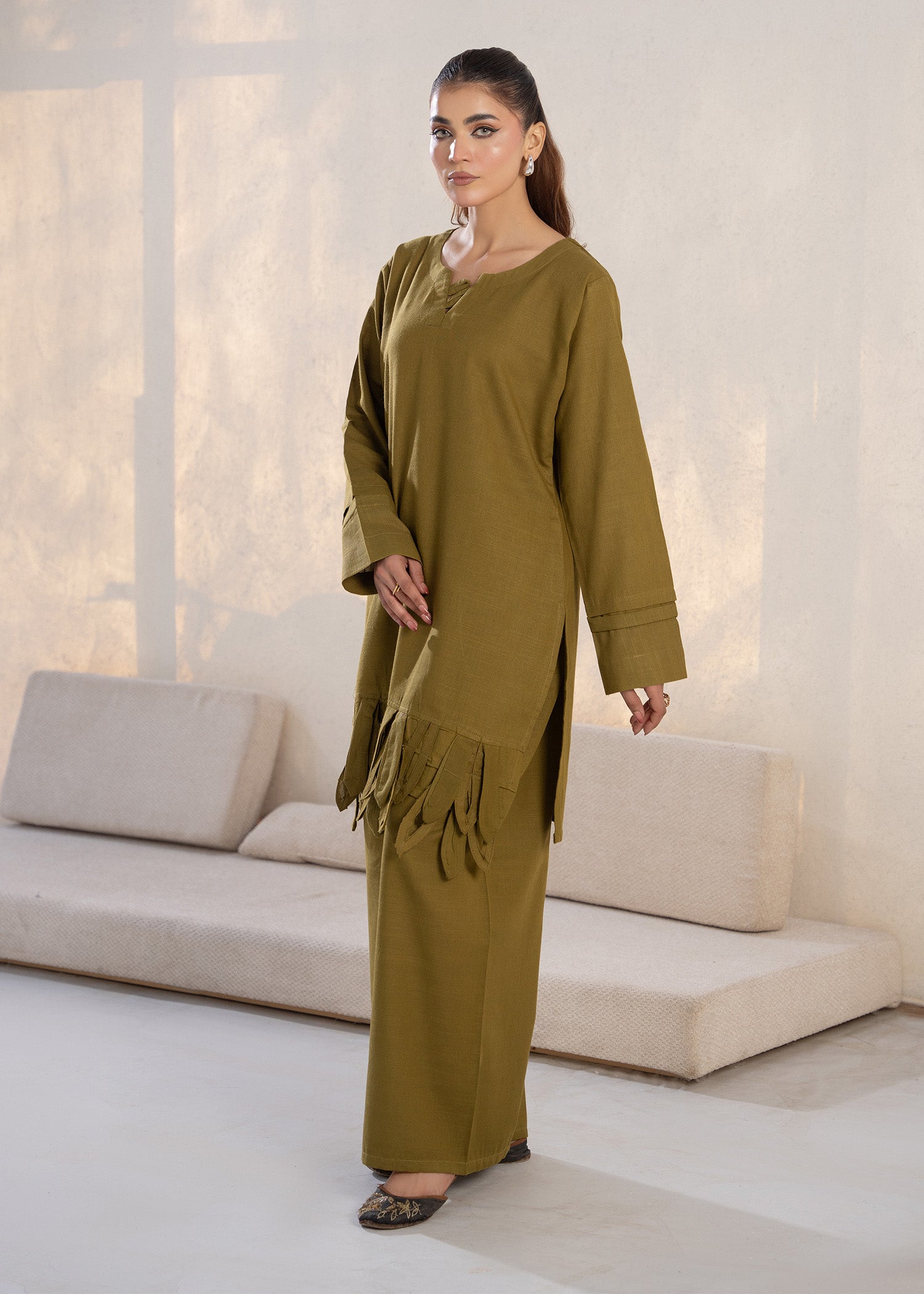 slub khaddar Kurta Set in Olive green