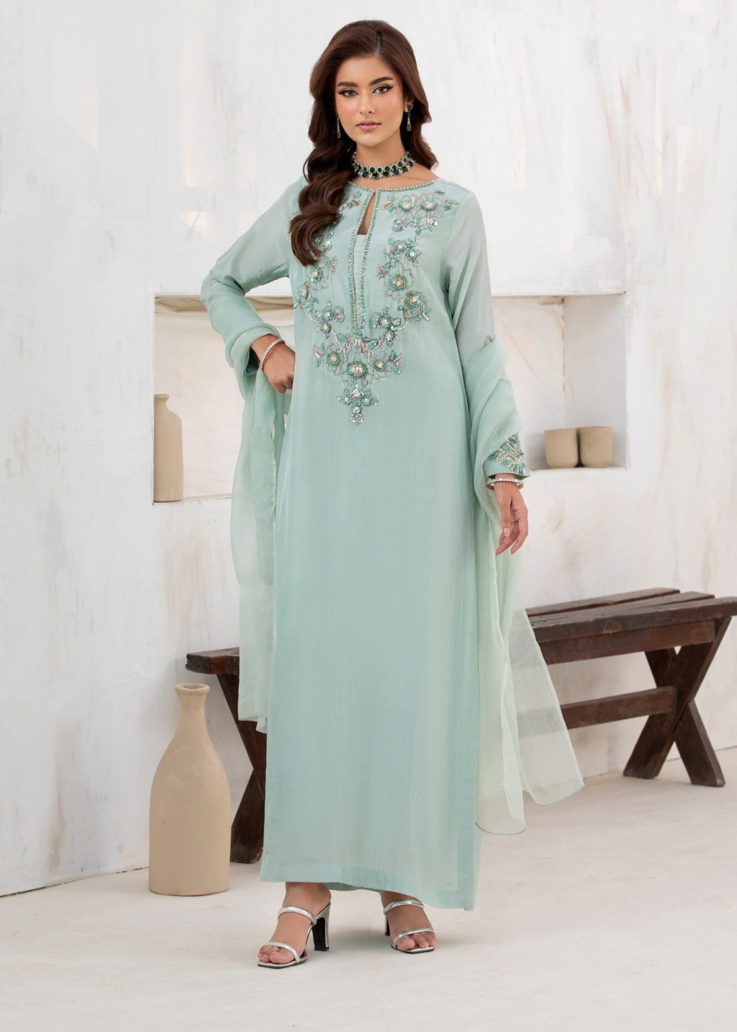 korean raw silk Kurta Set in Meadow green