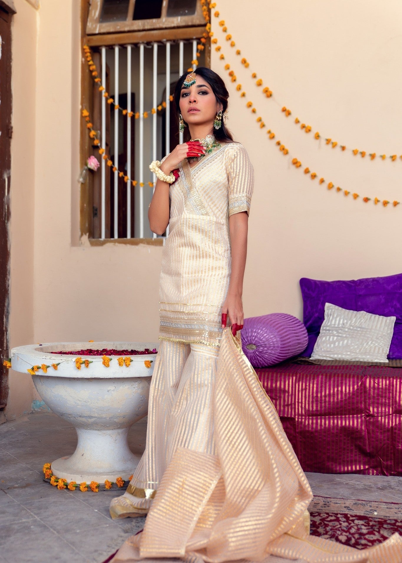 organza Gharara in Gold