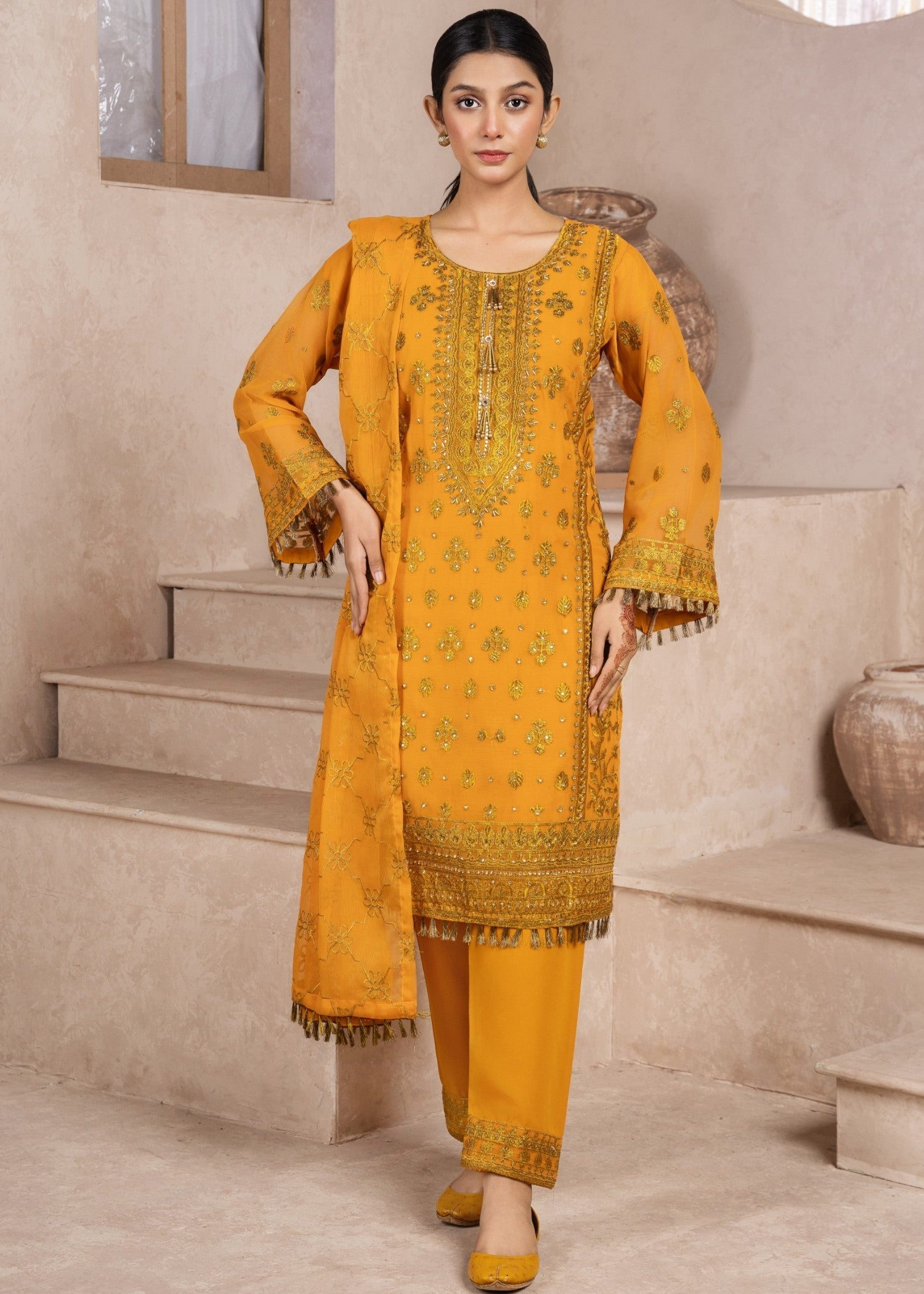 chiffon Kurta Set in Mustard